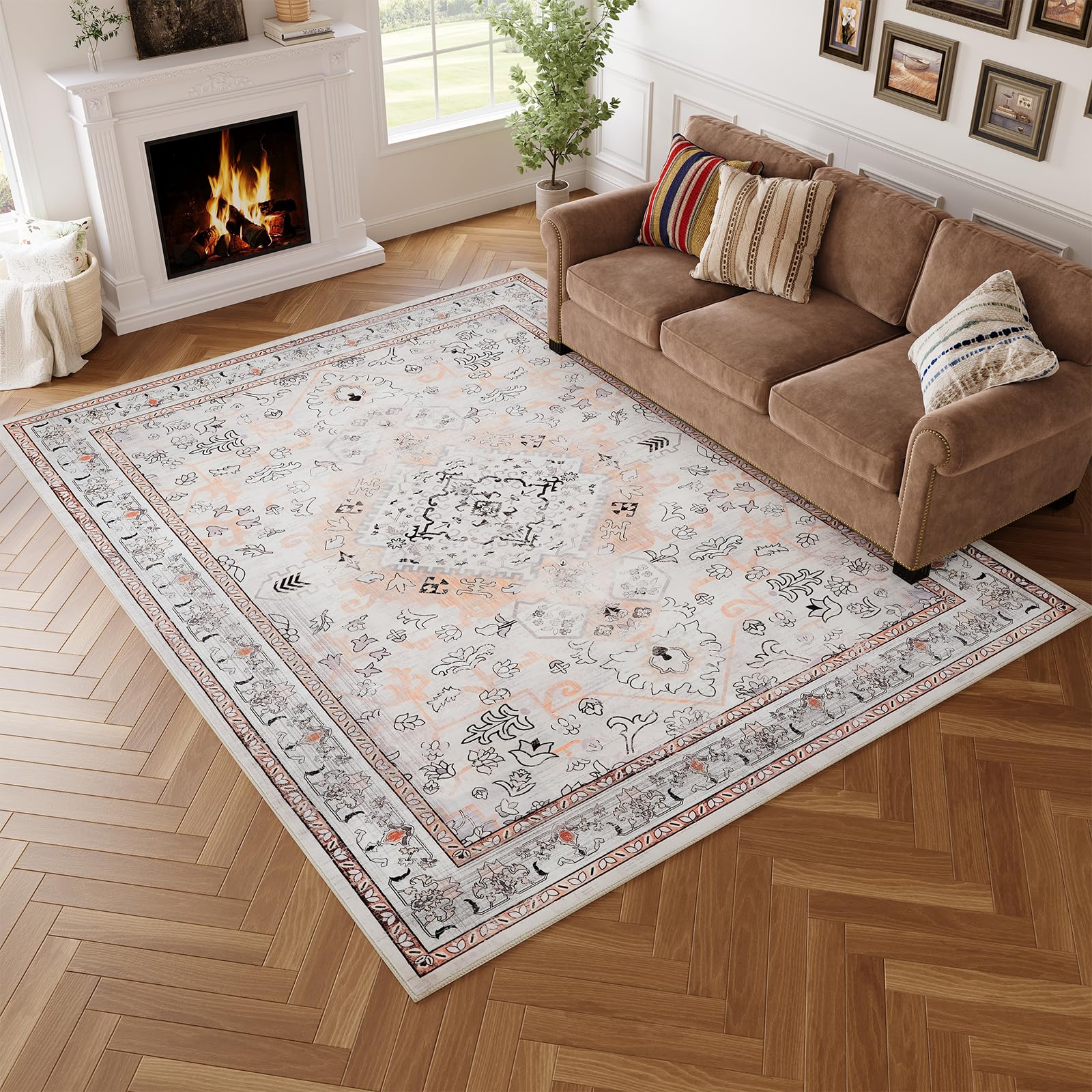 HOOBRO Tapis Lavable en Machine, 270 x 180 cm, Tapis de Salon Style Bohème, Descente de Lit à Poil Bas, pour Entrée, Cuisine, Salon, Chambre, Bureau, Beige Rustique EEF04AR01