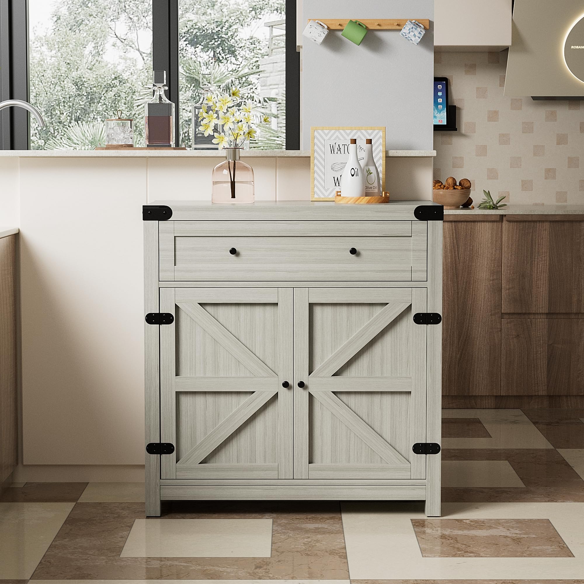 Farmhouse Coffee Bar Cabinet With Barn Doors - White Sideboard For Kitchen, Entryway, Living Room