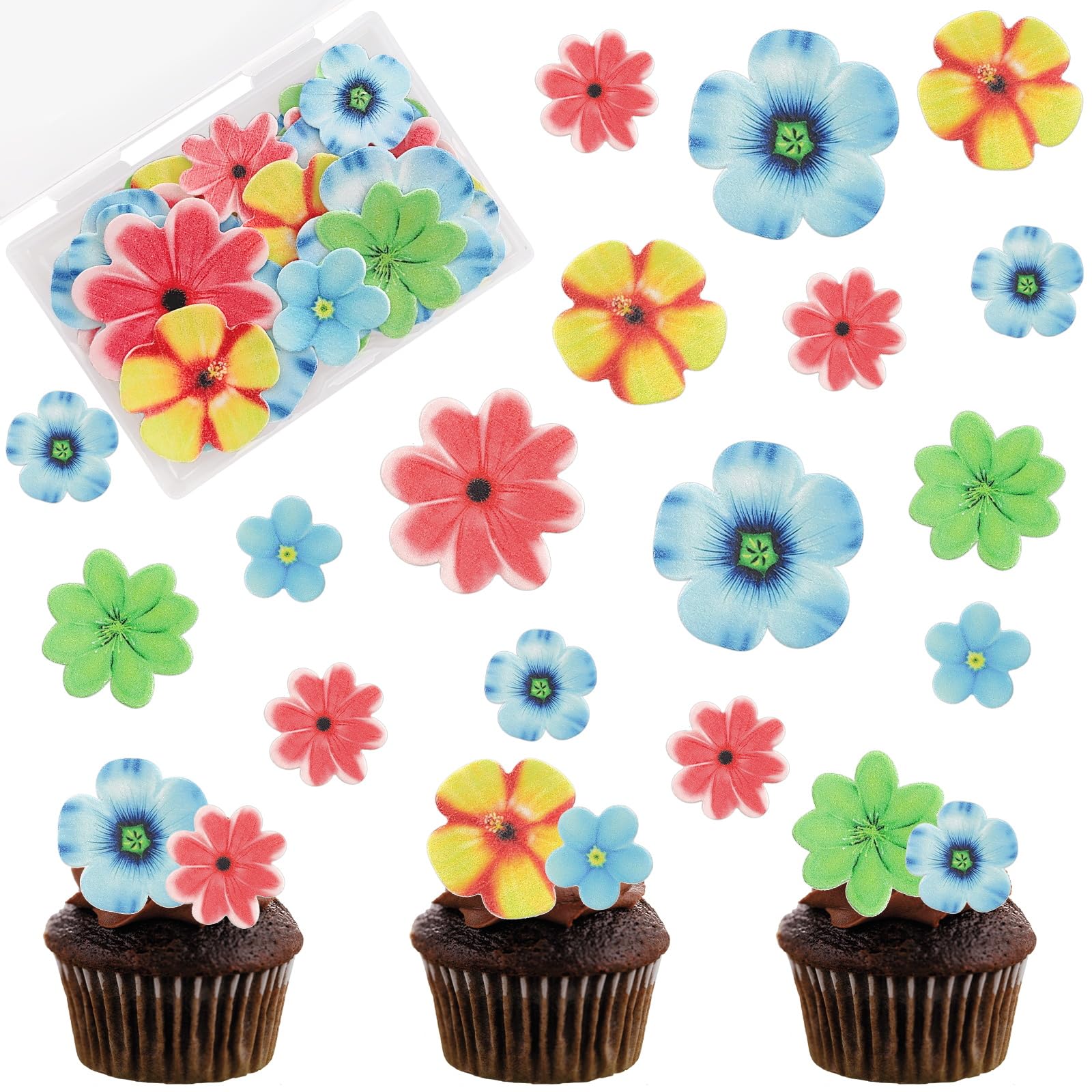 Morofme 35 Stück Essbare Blumen für Torte, Tortendeko Essbar, Bunte Blüten Cupcake Topper, Esspapier Blumen für Hochzeit, Geburtstag, BabyParty, Jubiläum, Thema Kuchendekoration