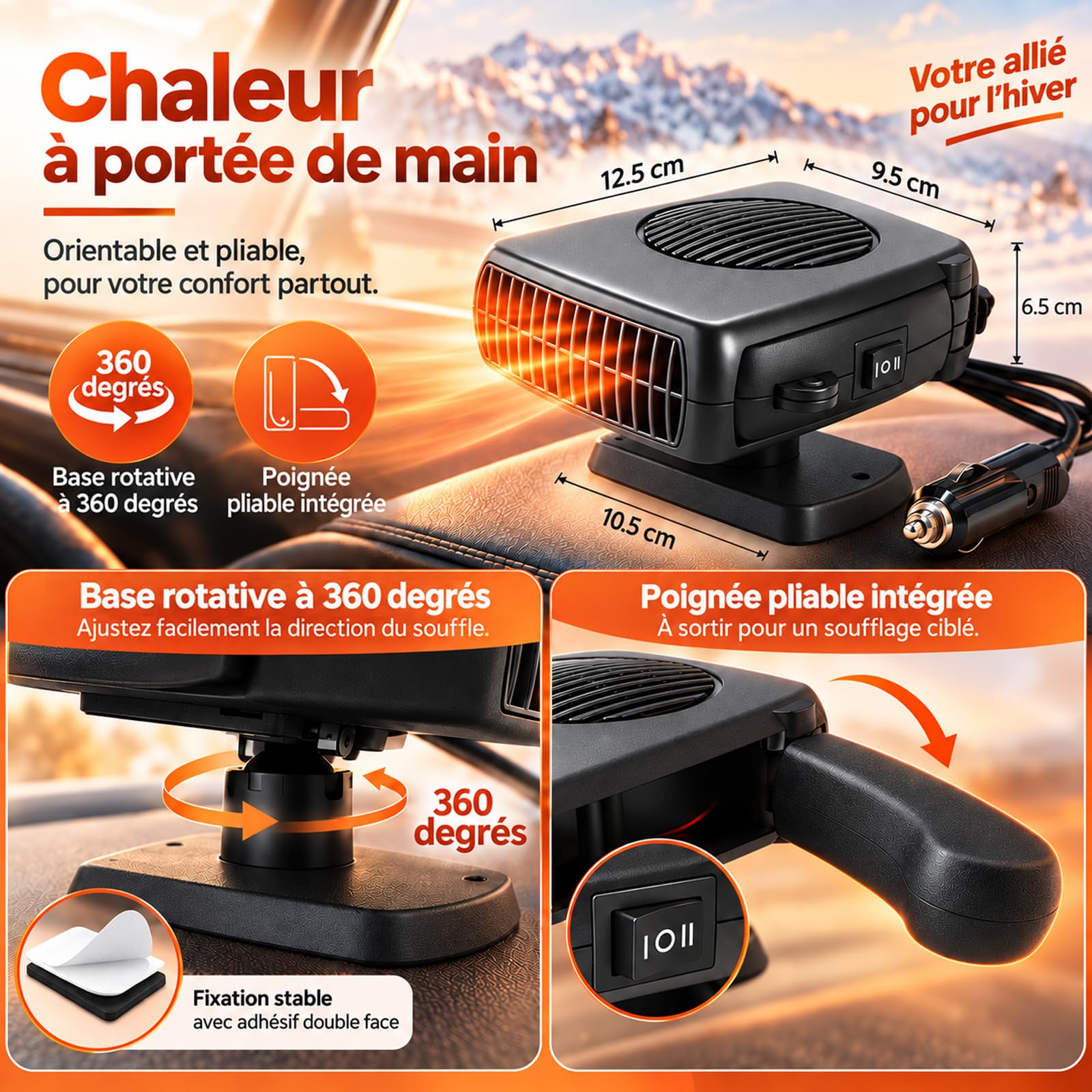 Chauffage de Voiture 12V 200W Desembueur Pare-Brise Portable avec Poignee Pliable et Socle Rotatif 360 Degres