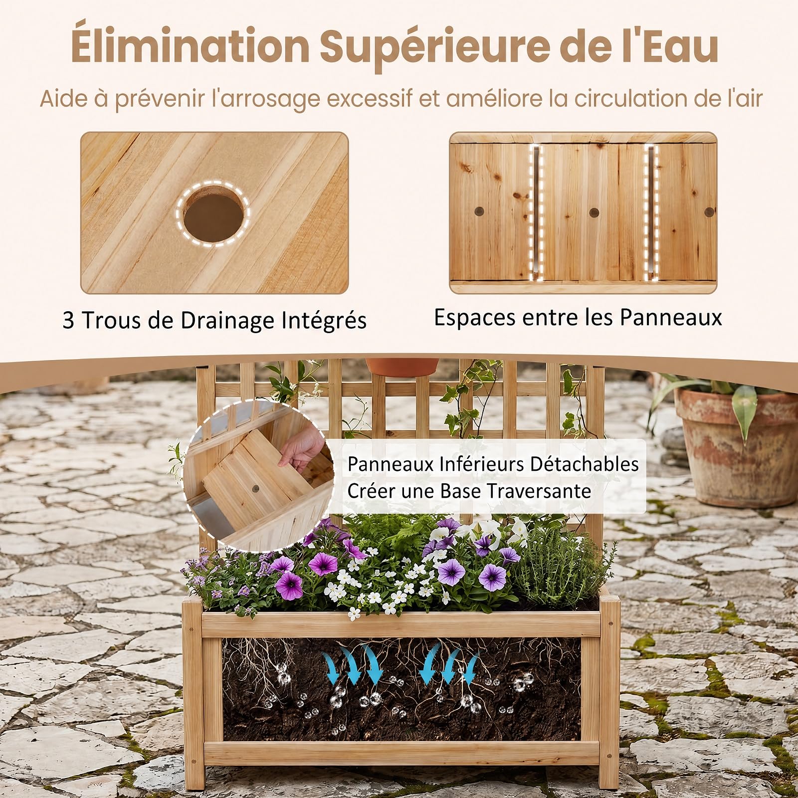 GOPLUS Jardinière avec Treillis en Bois, Jardinière Brise Vue sur Pieds, 76x32x143CM, avec Fond Amovible, 3 Trous de Drainage, Bac avec Treillis à Fleur, Plante Grimpant, pour Balcon, Jardin (Naturel)