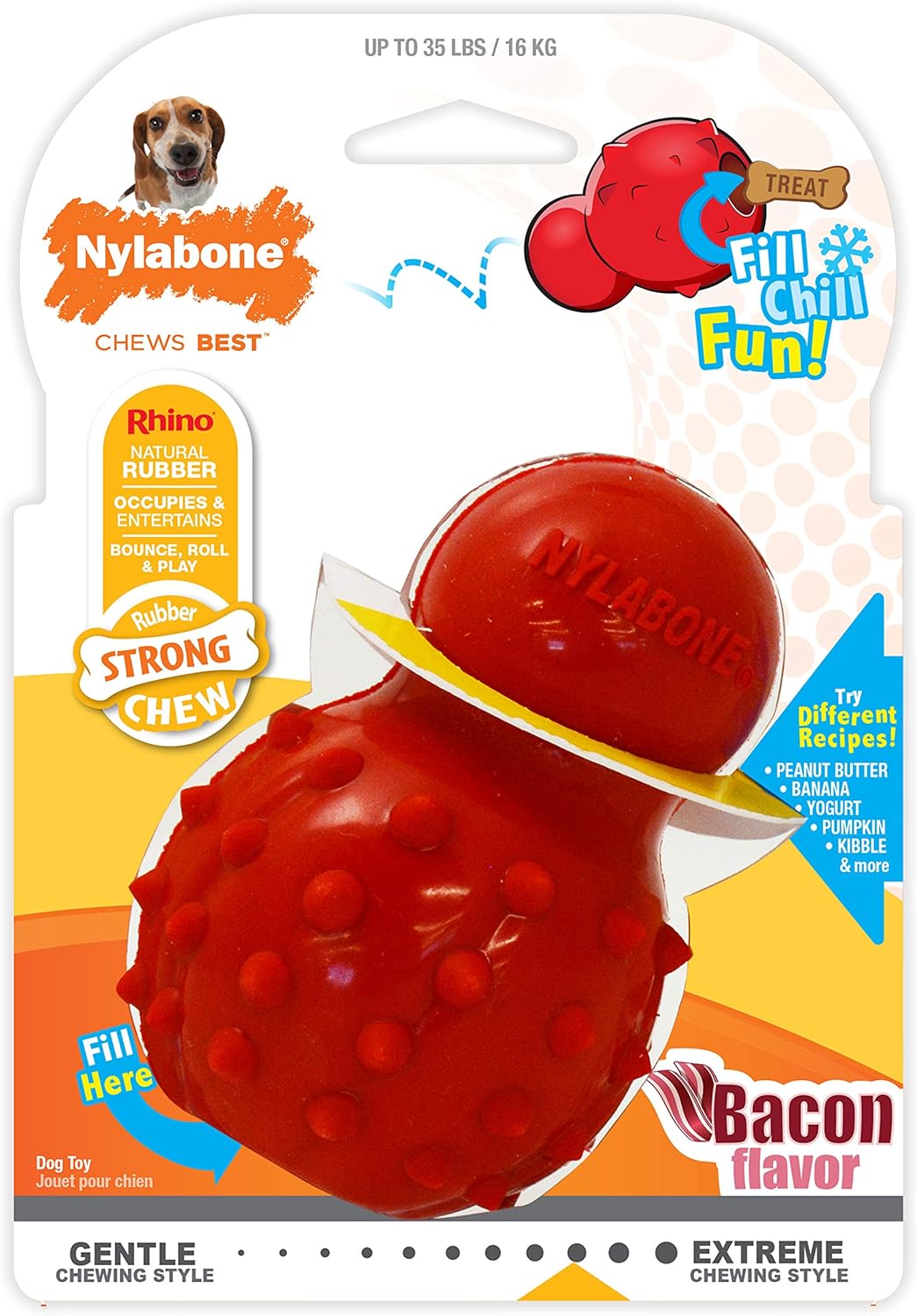 Nylabone Rubber Cone Dog Chew Toy, Bacon Flavour, Stuff with Treats