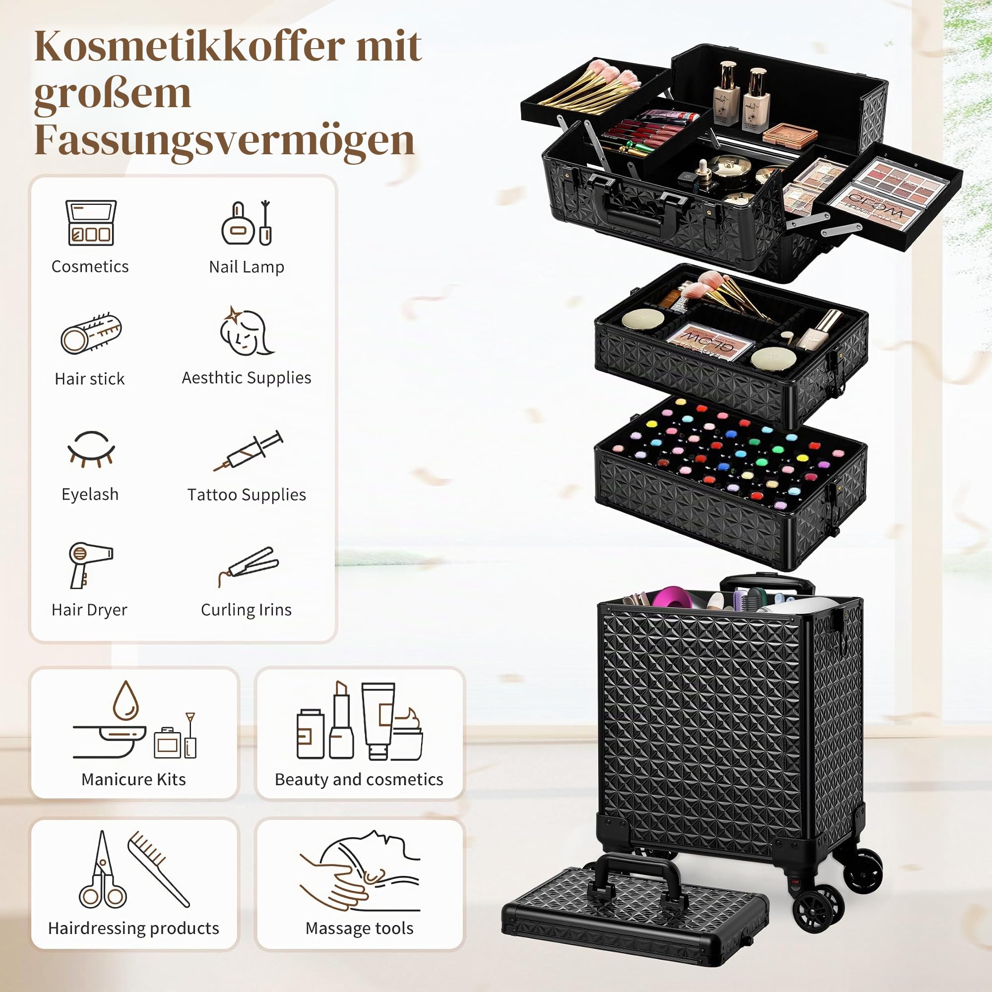 Arous Kosmetikkoffer Trolley 5-in-1 Groß Kosmetik Trolley mit Rollen Alu Beauty Case