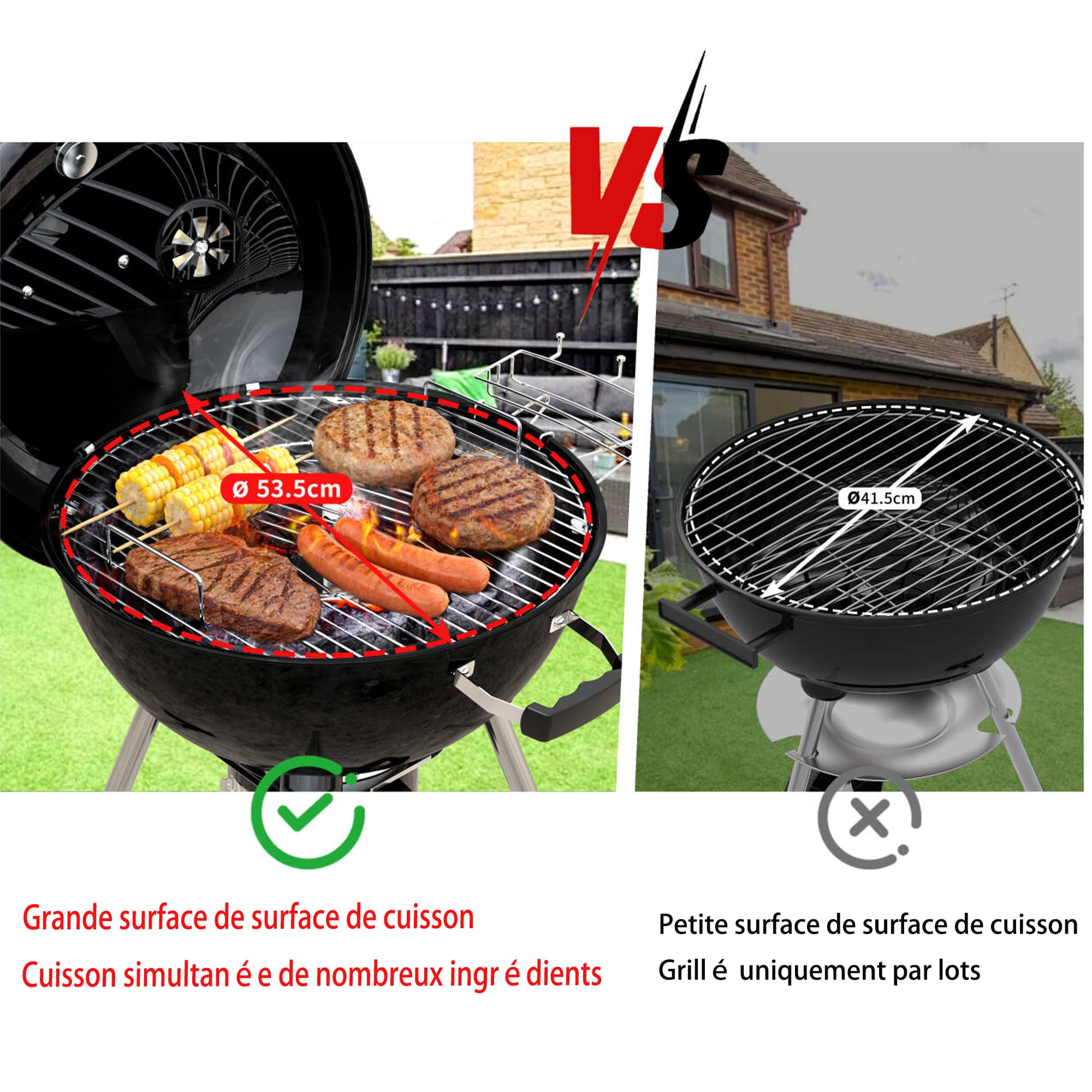TEENO Barbecue Charbon de Bois 21 Inch Compact Kettle Round XXXL Grande Taille Ronde Portable Amovible Convient à 10-20 Personnes 105.5x71x83cm