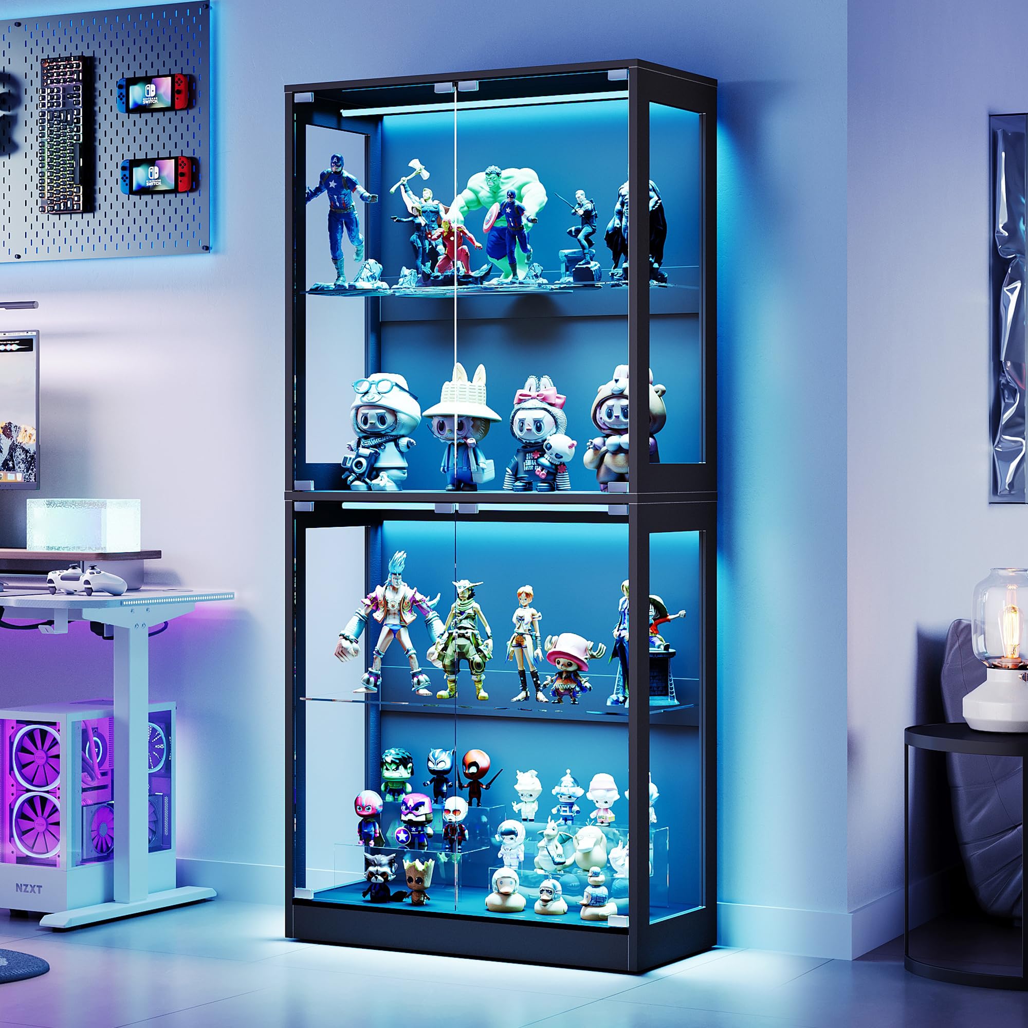 LUXOAK Glass Display Cabinets, 70" Extra Tall Display Case with 7 Color Lights and APP Control, Adjustable Shelves for Figures, Models & Collectibles, Easy Assembly, Balck