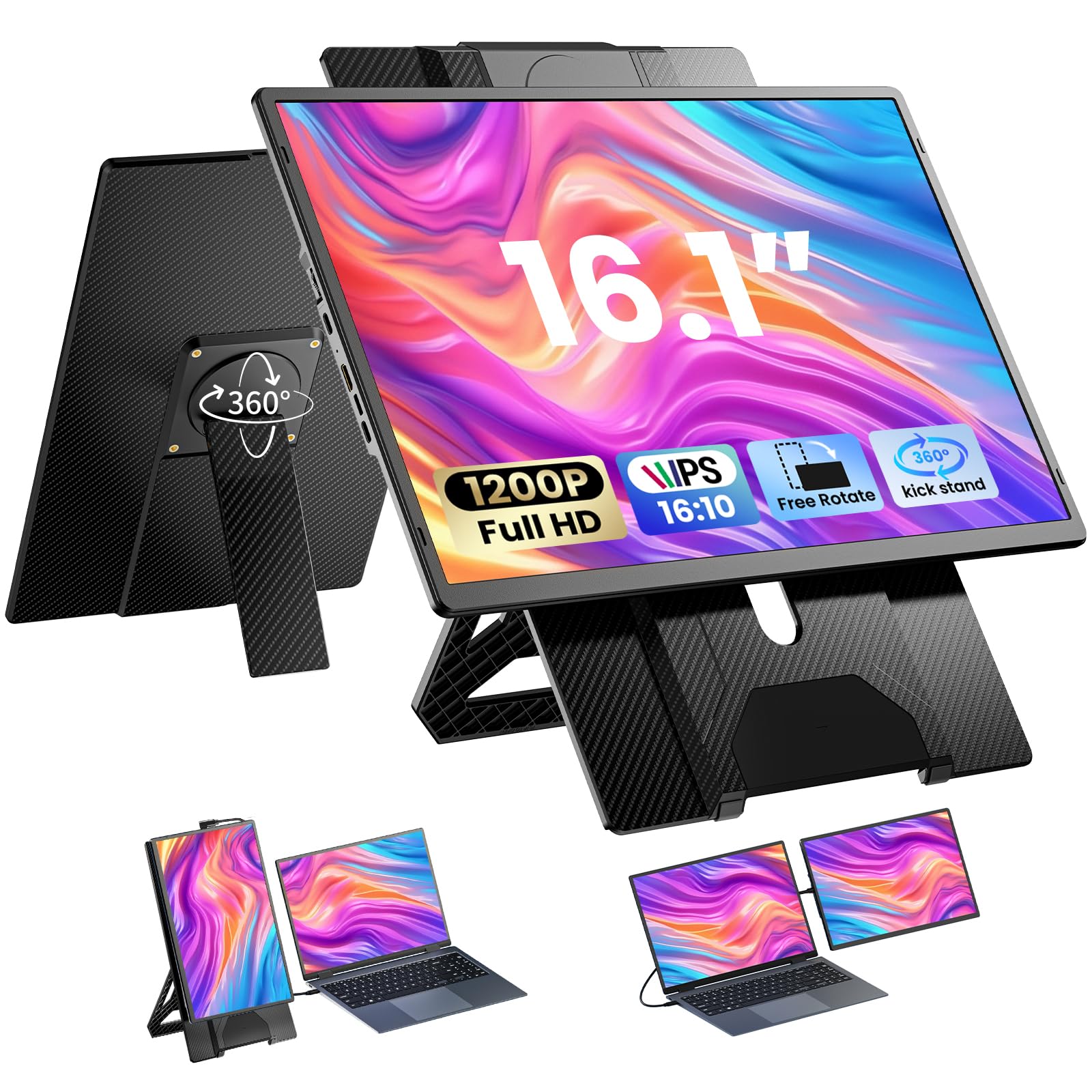 Enzion Laptop Screen Extender 16.1", 1200P FHD, Portable Monitor 360° Rotating Detachable Stand, Height Adjustable Laptop Monitor Extender for Laptop 13-17.5", Plug-Play for Mac/OS/Wins/Chrome/Dex