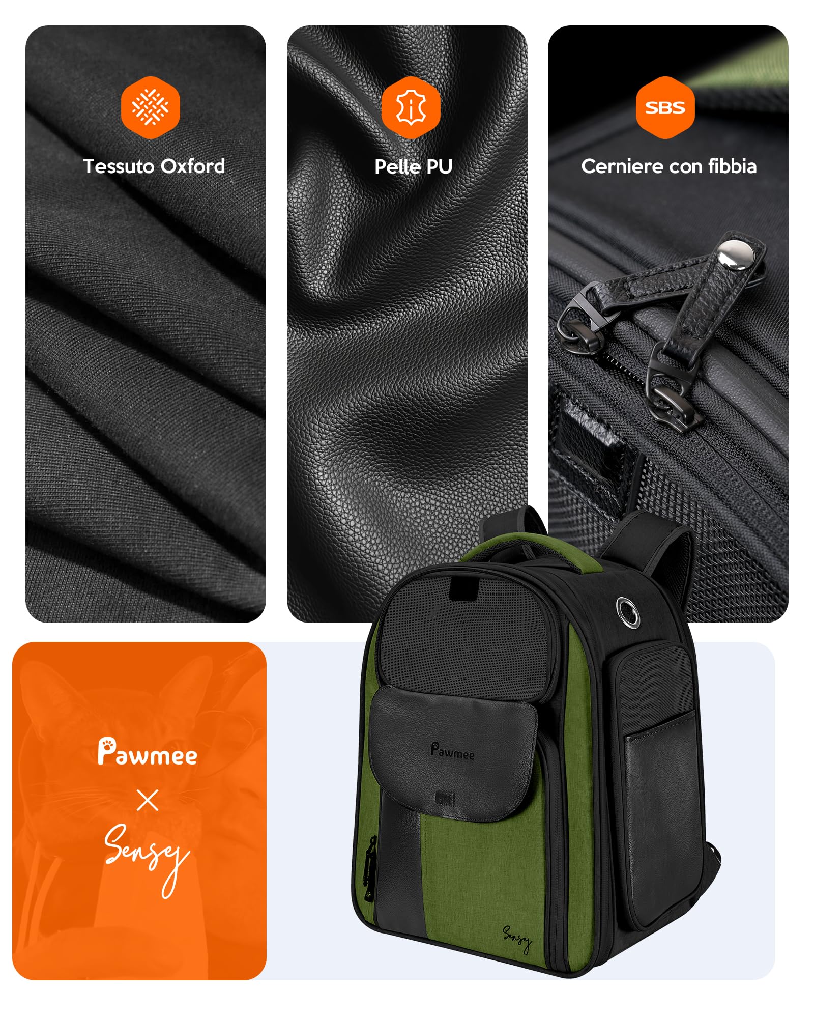 Zaino per Gatti con Portalettiera, Pawmee x Sensej, Portatile e Salvaspazio, Zaino Espandibile con Rete Traspirante, per Gatti Fino a 8kg, Ideale per Viaggi, Escursioni, Black Green