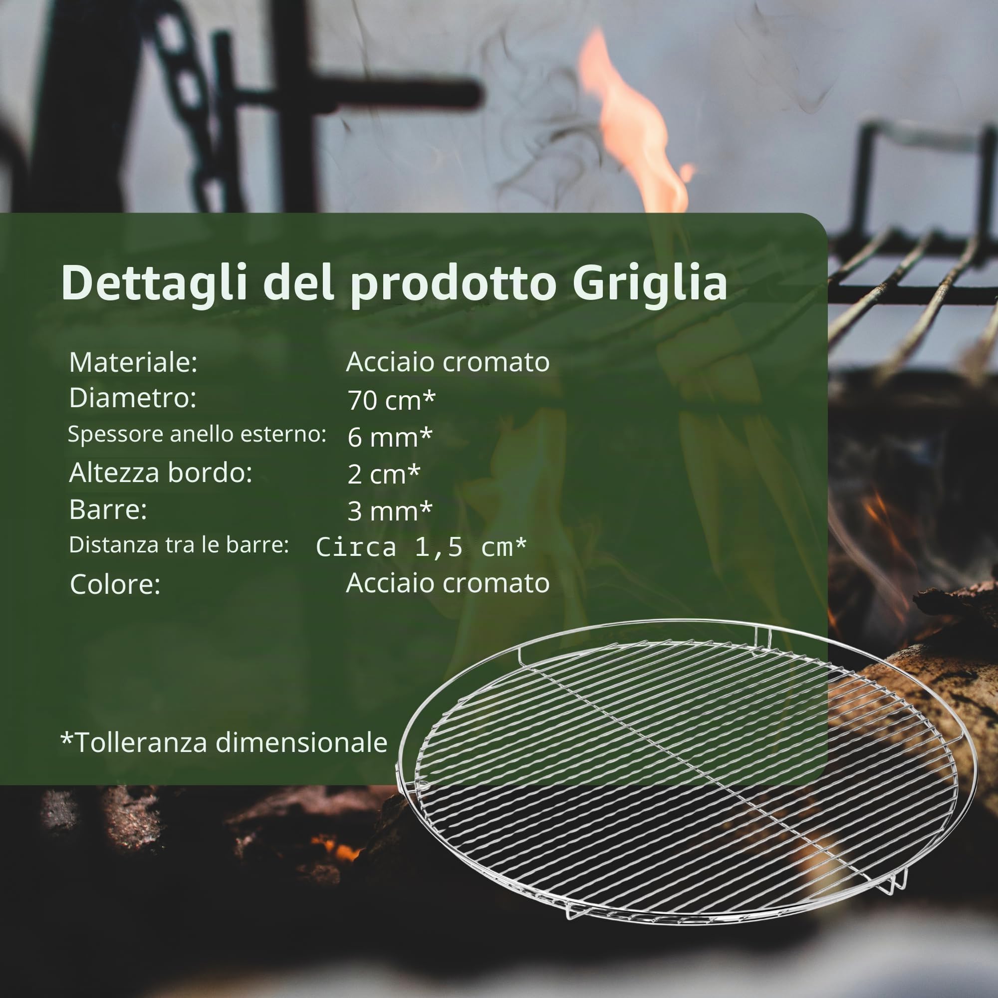 HeRo24 Griglia cromata da 70 cm, rotonda da appendere, per barbecue girevole e trifuso, anello esterno da 6 mm, aste da circa 4 mm, stabile griglia rotonda per braciere da giardino e campeggio.