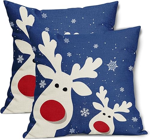 aportt Juego de 2 fundas de almohada lumbar de 12 x 20 pulgadas, diseño de reno de copos de nieve azul de invierno, diseño de reno de Navidad para