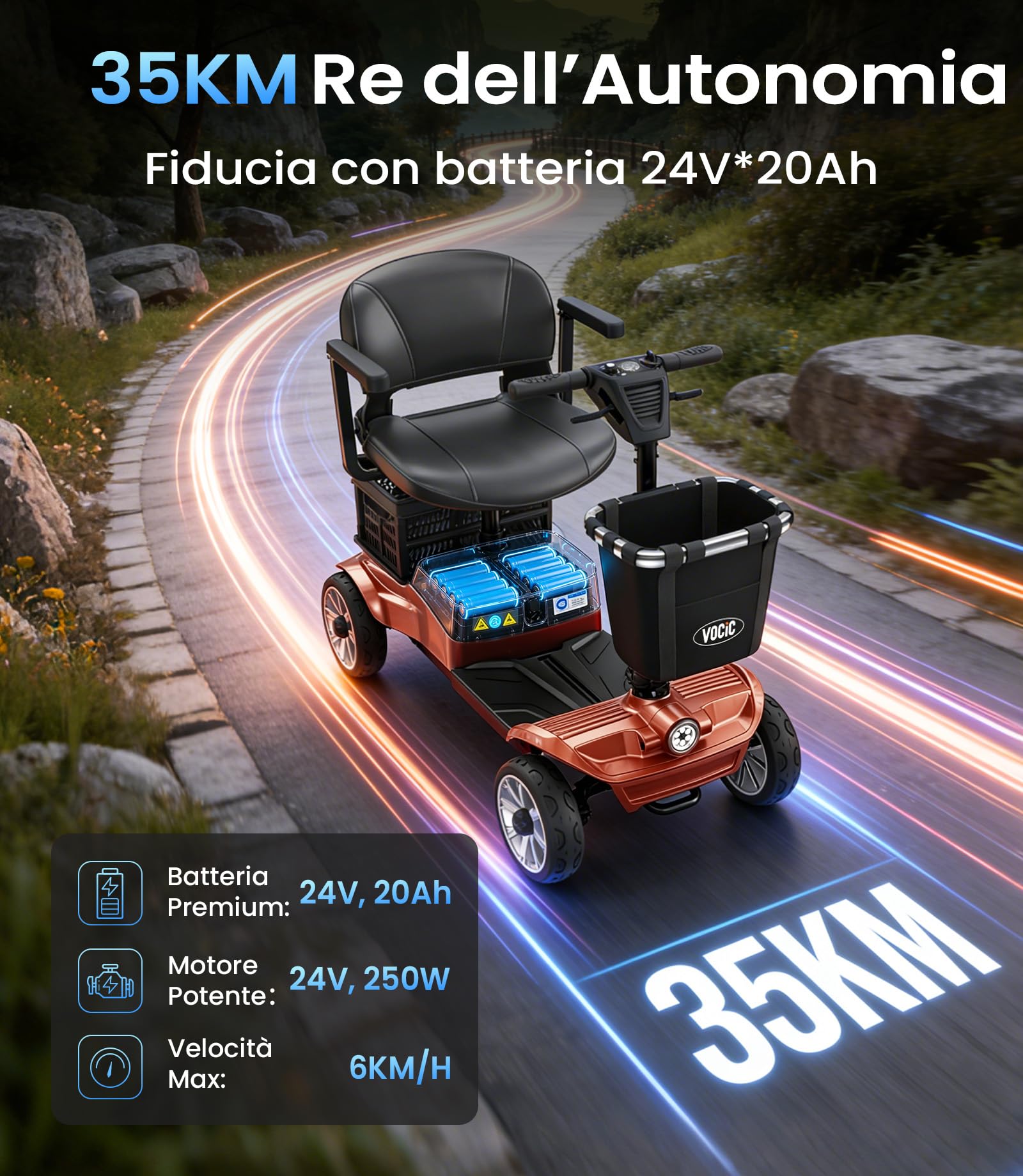 VOCIC D35 Scooter elettrico pieghevole 35 chilometri, doppio cestino 40L | portata fino a 150 kg, ruote da 20 cm, sedile ergonomico regolabile, batteria rimovibile per anziani (Arancione Rosso)