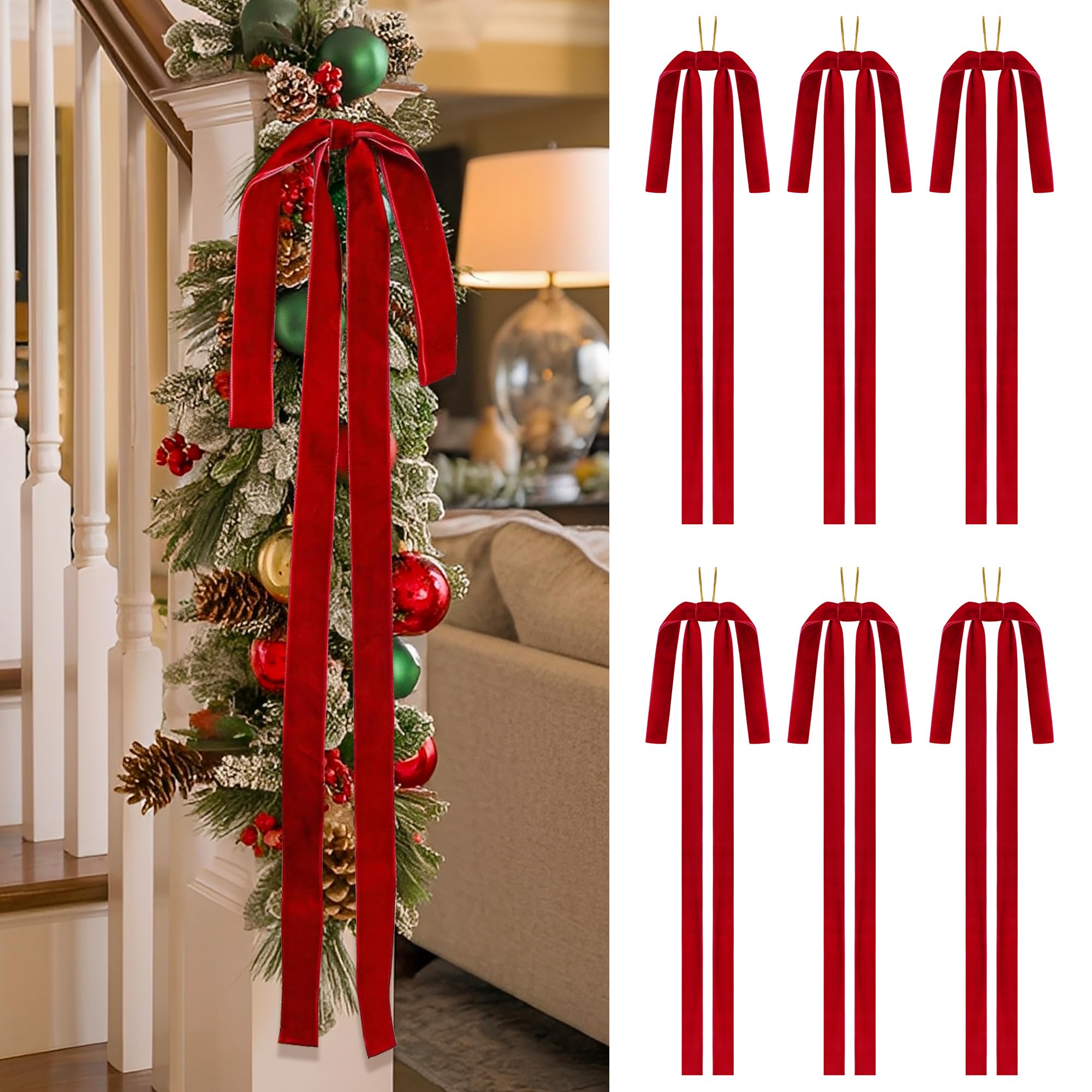 SIMISI RIBBON Red Long Velvet Bows Ornaments for Christmas Tree, Wreath, Garland, Swag, Staircase, Fireplace, Door (15 * 24 inch, 6 Pieces)