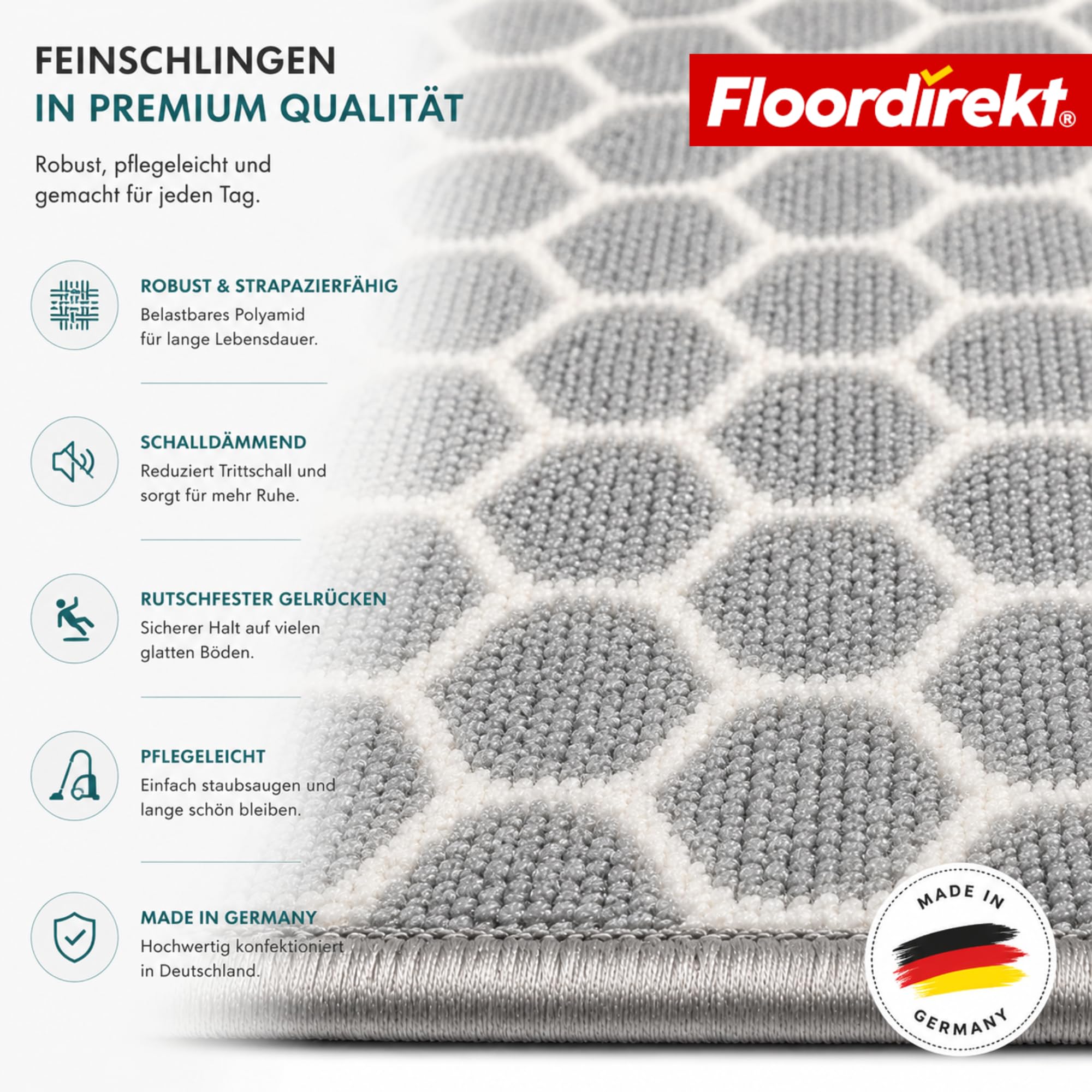 Floordirekt Teppichläufer Tralee 80 x 600 cm - Läufer für Küche, Flur & Wohnraum - Feinschlingen Teppich - rutschfest & antistatisch - Küchenläufer Flurteppich Flurläufer