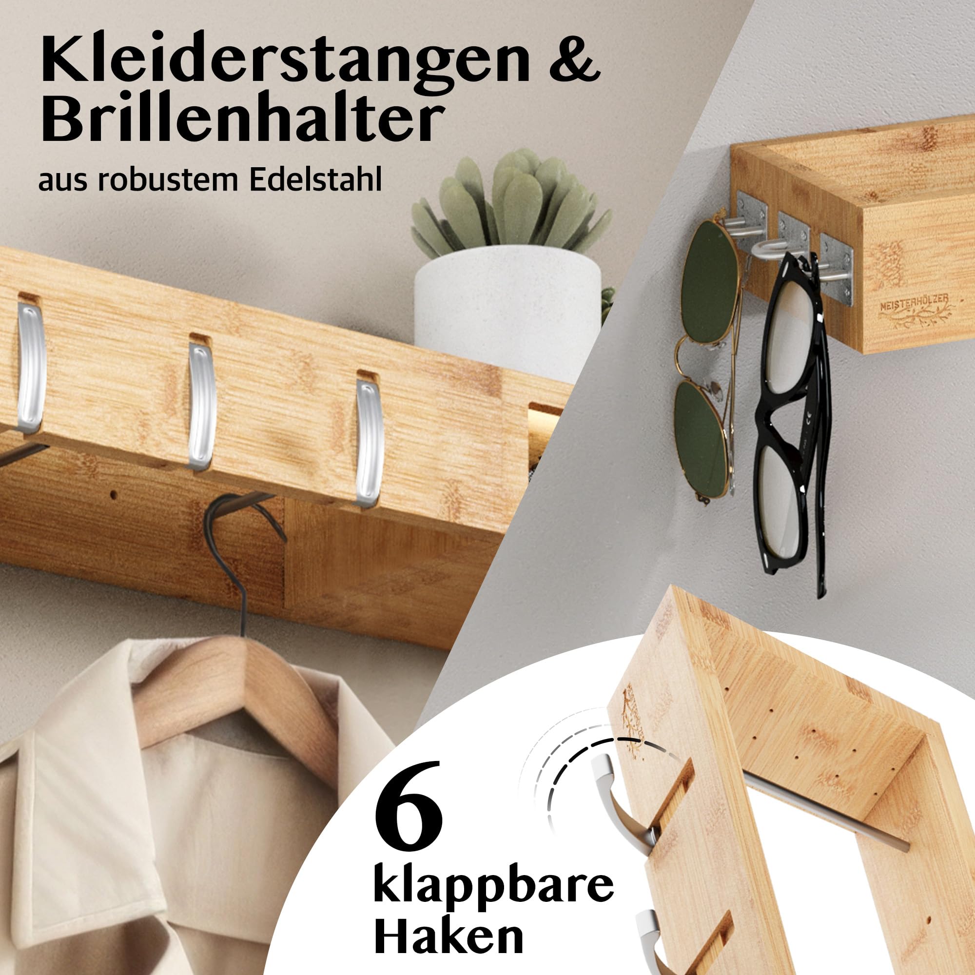 Wandgarderobe Holz – Platzsparende 4in1 Garderobe - 100cm | Garderobenpaneel mit Ablage, Haken, Kleiderstangen, Brillenhalter – Garderobenleiste für Flur, Schlafzimmer, Wohnzimmer
