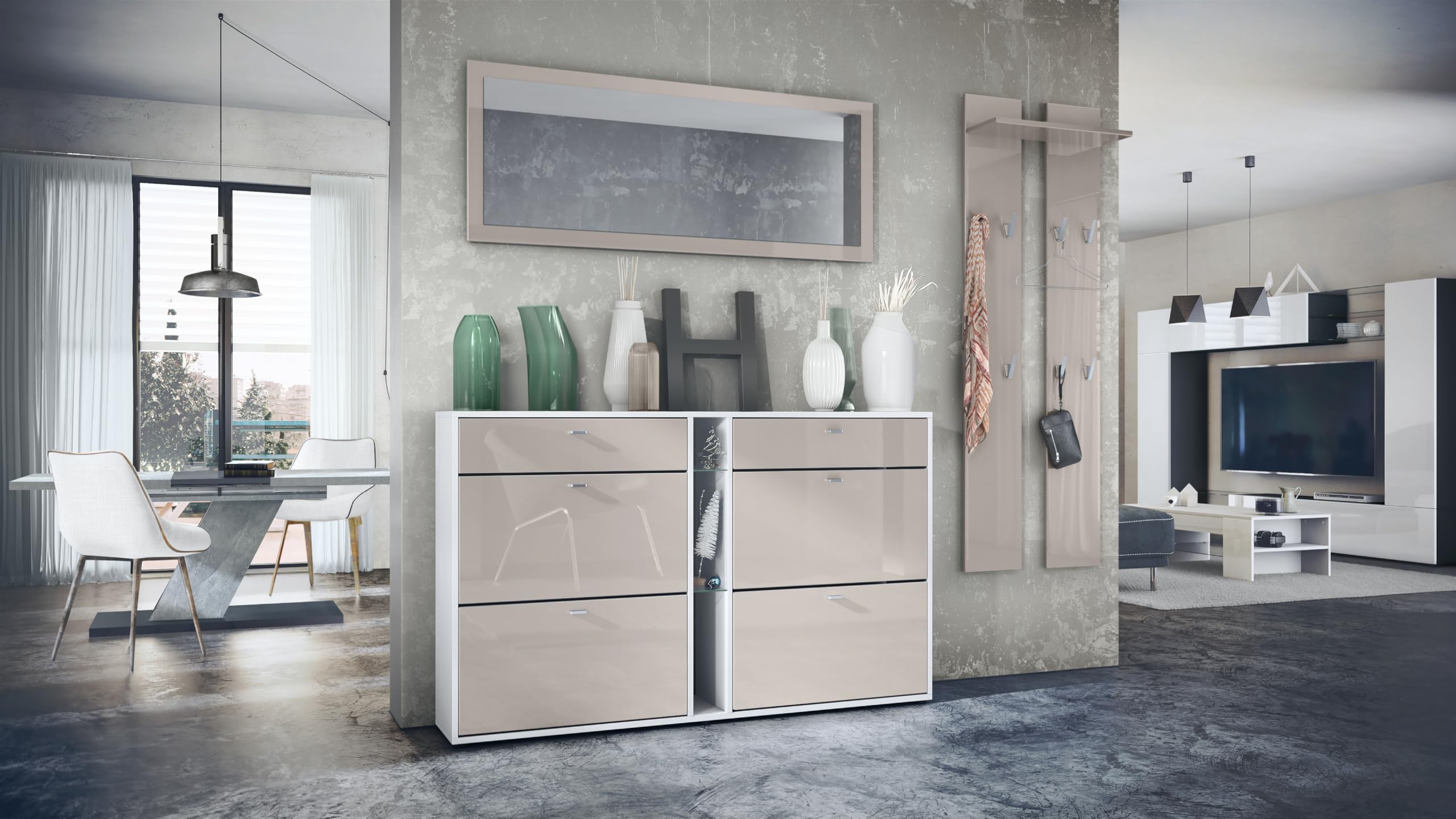 Vladon Set Guardaroba Orlando con scarpiera, Pannello a Muro e Specchio a Parete, Bianco Opaco/Grigio Sabbia Lucido