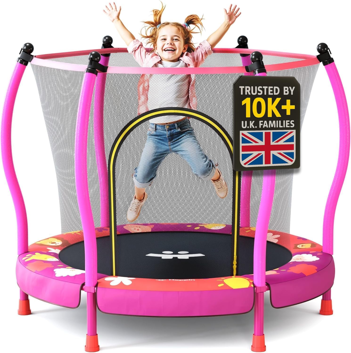 Happin® 55'' Kids Trampoline, Trampolines for Toddlers Ages 2-6 with Safety Enclosure Net, Indoor Outdoor & Toddler | Small Trampoline for Kids with Basketball Hoop for Boys & Girls