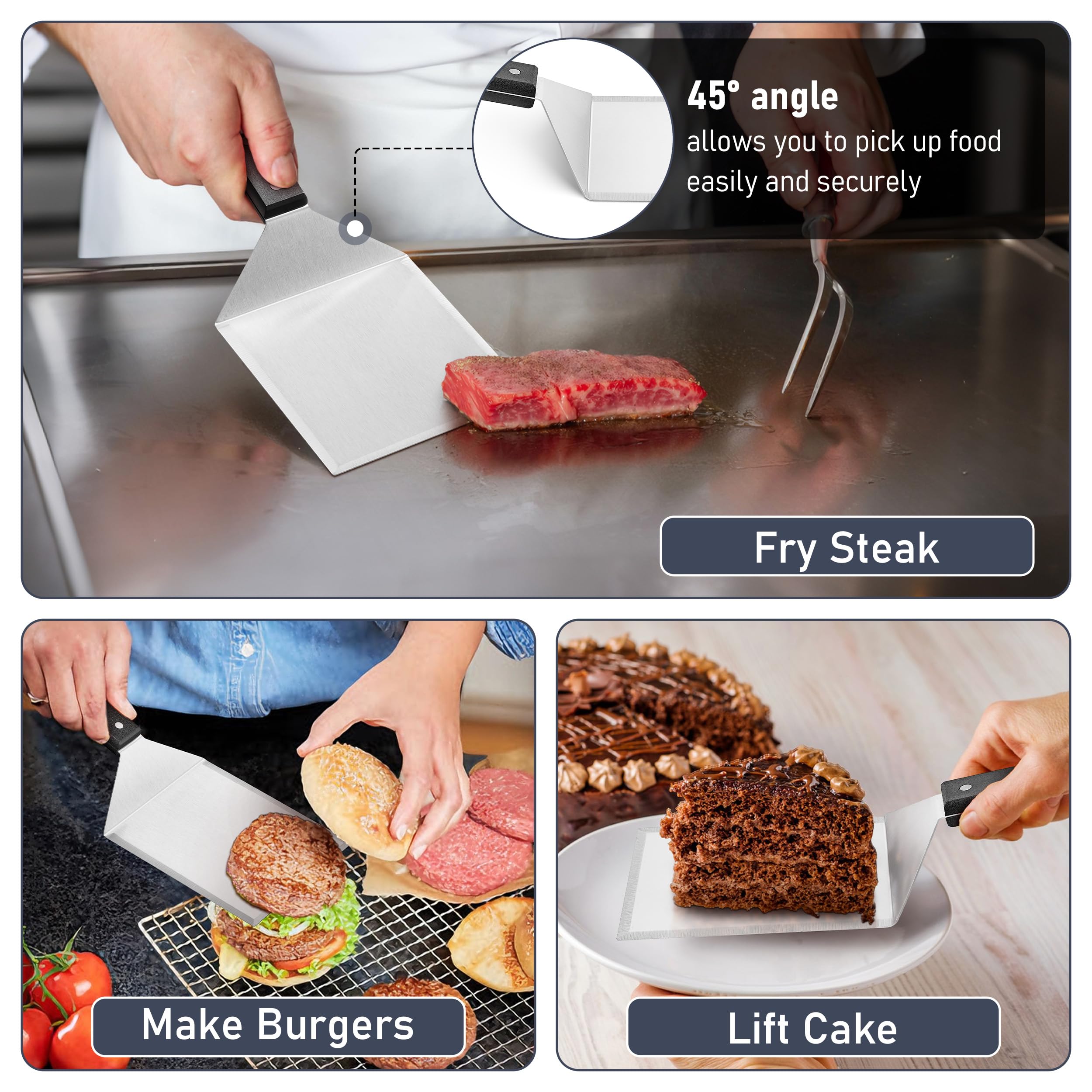 HaSteeL Juego de 2 espátulas de metal de acero inoxidable para plancha grandes con mango de ABS, volteador de hamburguesas resistente, ideal para cocinar barbacoa Teppanyaki, apto para lavavajillas y