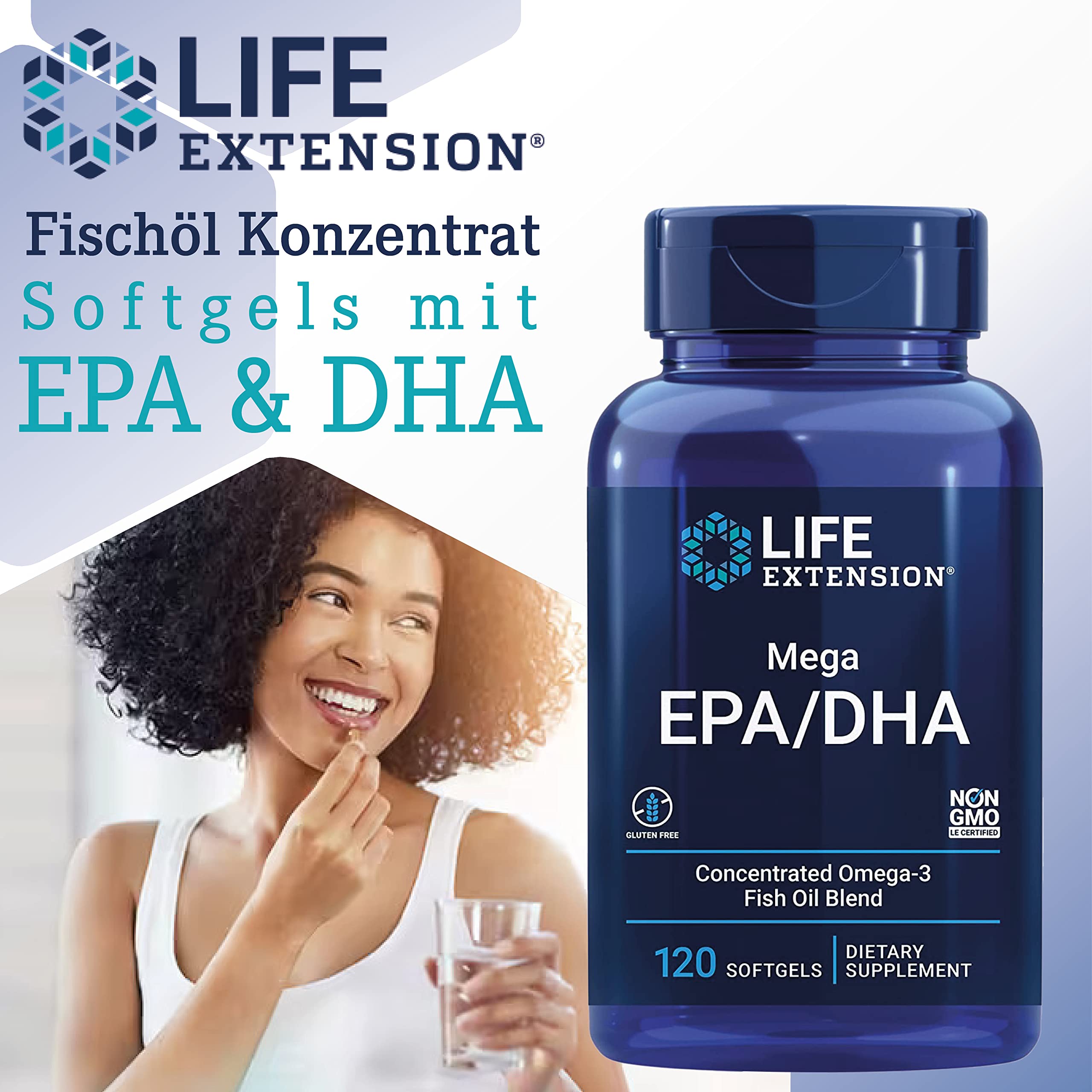 Life Extension, Mega EPA/DHA, 120 glutenfreie Softgels, 2000mg Fischöl-Konzentrat, davon 720mg EPA & 480mg DHA & 2,7mg Vitamin E je Dosis, Sojafrei, GMO frei, Geschmacksneutral