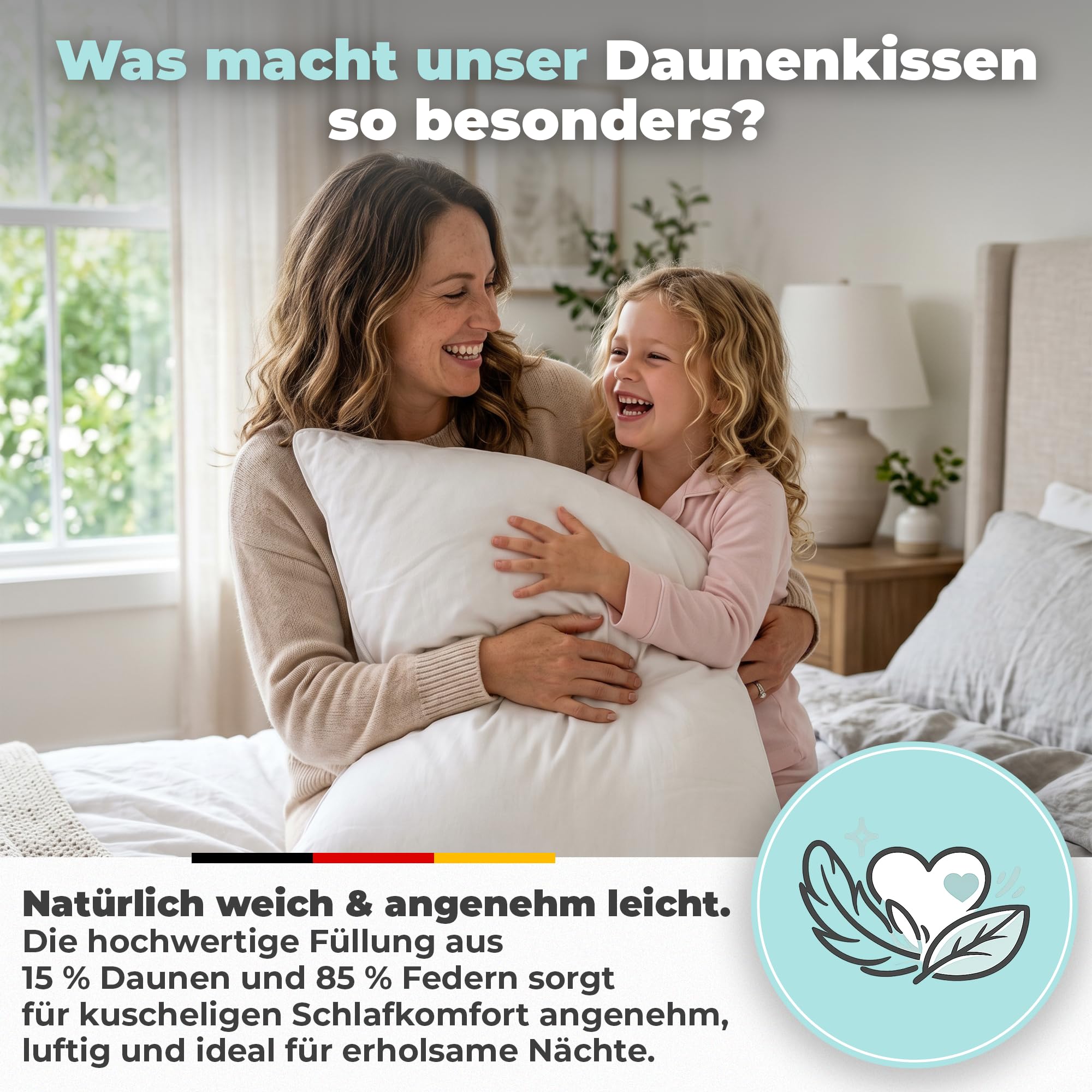 BEFA NATUR Made in Germany Feder/Daunenkissen 40x80 cm aus 15% Daunen und 85% Federn, Allergiker geeignet (Nomite), Öko-Text 100 Klasse 1 Zertifiziert, EN Standart 12934, Downpass