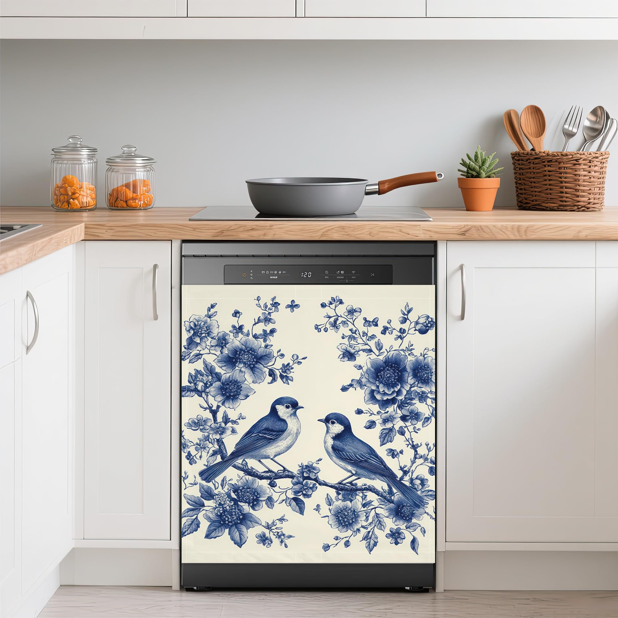 Blue Birds Refrigerator Magnet Cover,Retro Flowers Washable Dishwasher Magnets Decorative Cover,Home Kitchen Decorative Dishwasher Front Panel Cover 23x26 Inch