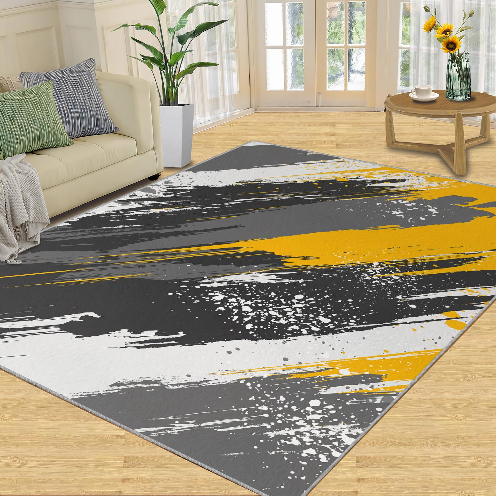 QDJKBL Yellow and Black Oil Painting Graffiti, Washable Rugs 160 X 220 Cm European Style Gradient Retro Watercolor Art Soft Carpet, Thin Rug Low Pile for Playroom