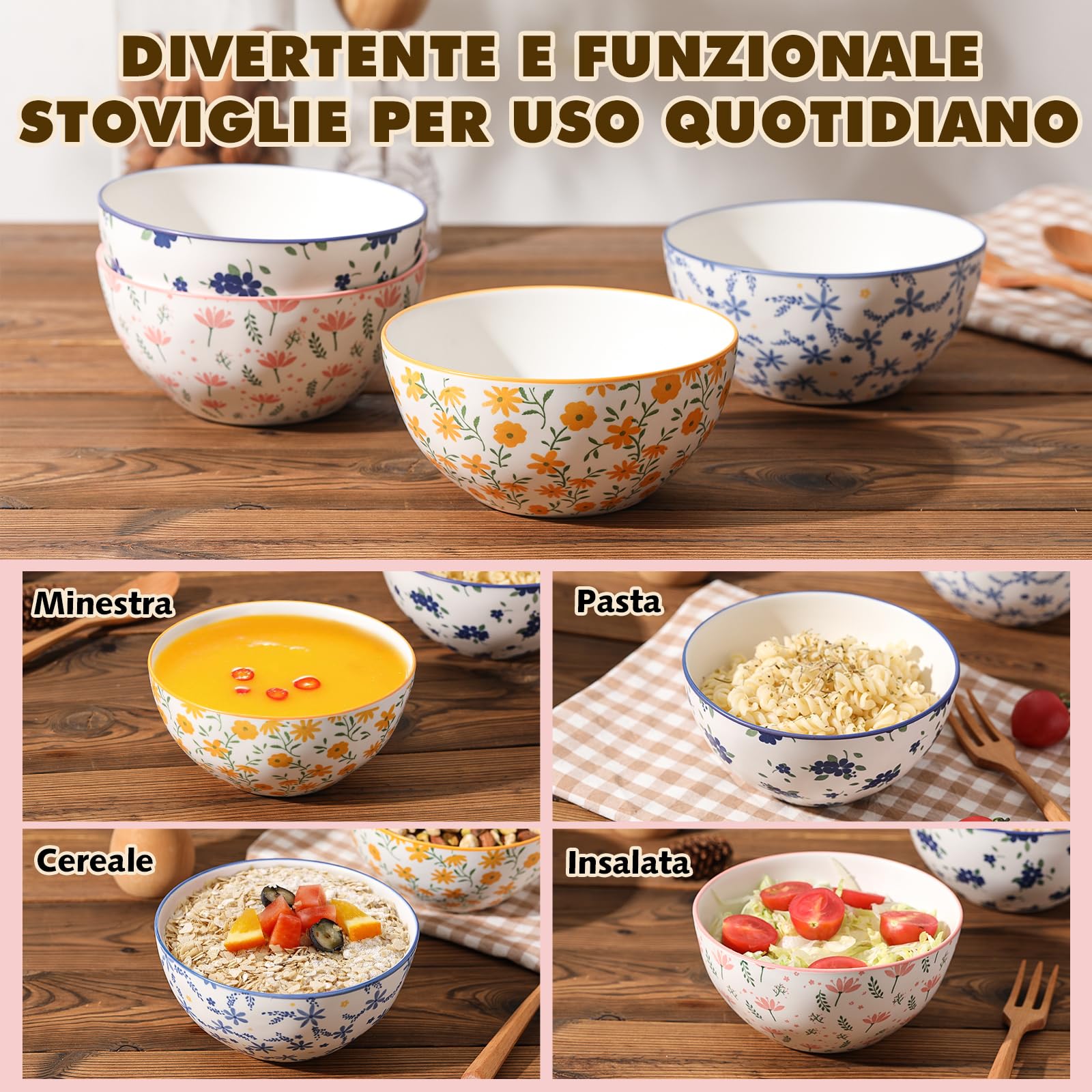 Ciotola Colazione Cereali Ciotole Ceramica - Set di 4 Scodelle Zuppa Colorate con Motivi Floreali - Scodella Porcellana per Insalata | Poke | Ramen | Minestra | Macedonia | Brodo - 15 cm - 700 ml