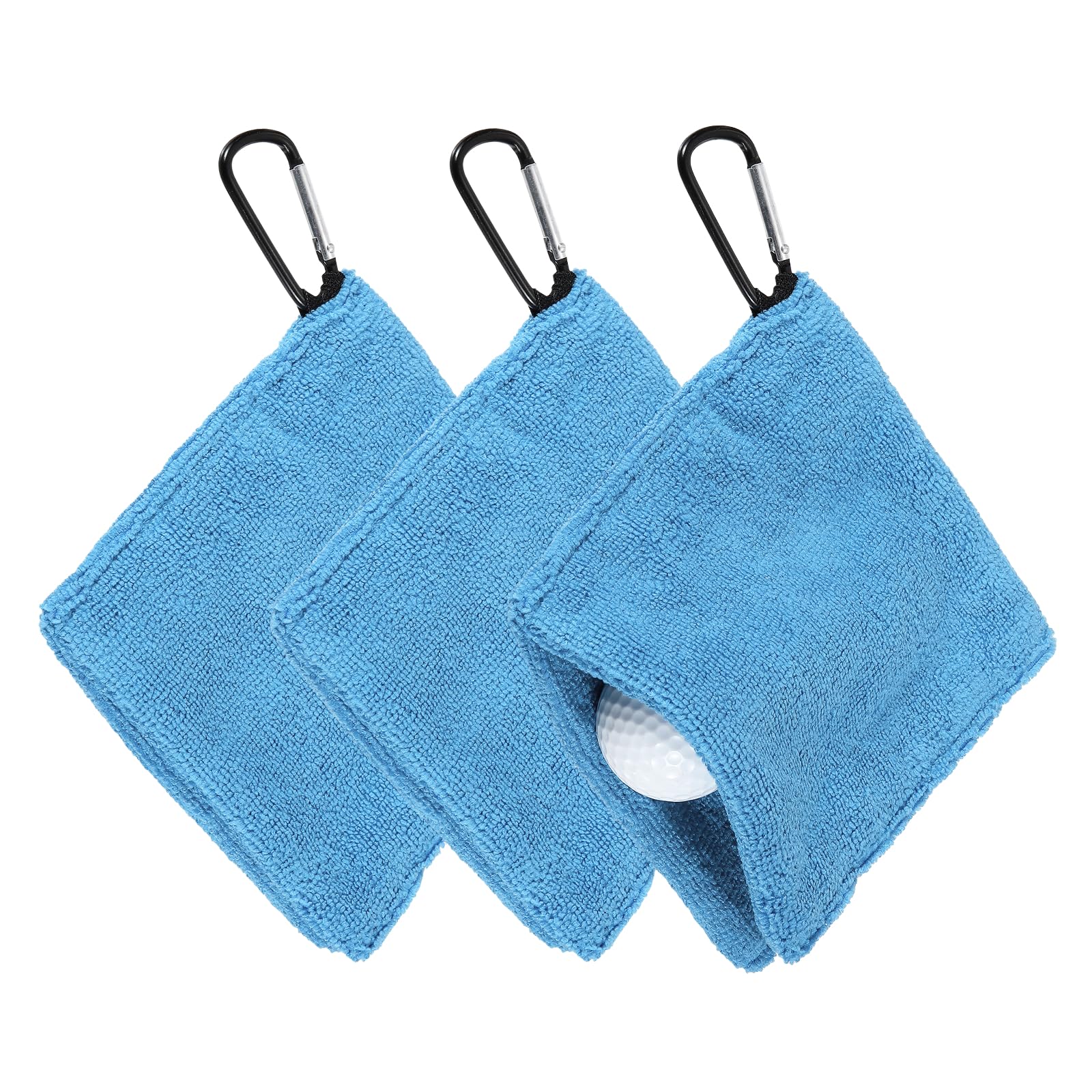 YELARXI Golf Ball Towel, 5.5 x 5.5 Inch Microfiber Small Golf Towel for Pocket with D Clip, 3 Pack & Light Blue - Fitting For(Carts/Clubs/Bags/Course Exercise)