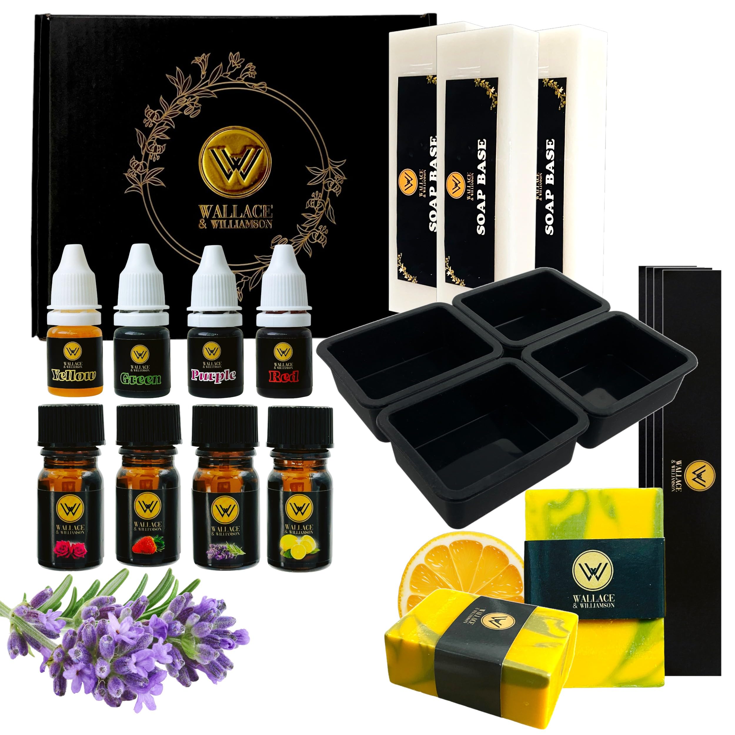 Wallace & Williamson Soap Making Kit - DIY Supplies for Adults and Kids. Includes 2.4 lbs Soap Base, 4 Fragrance Oils & Colors, Wrappers, Silicone Molds for Impressive Melt & Pour Bars