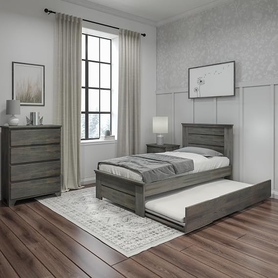 Max & Lily Modern Farmhouse Twin Bed with Panel Headboard and Trundle, Driftwood