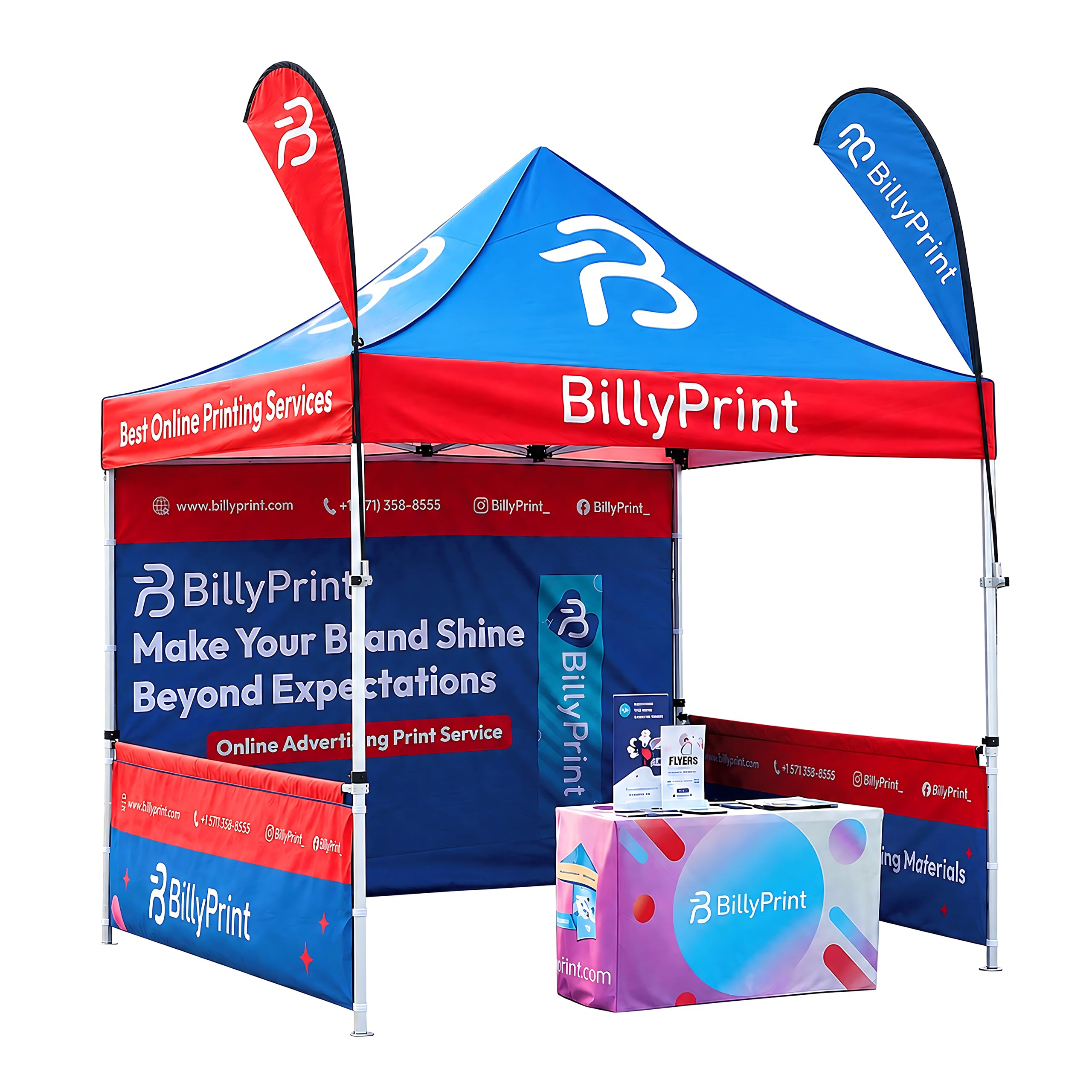 BillyPrint Custom Canopy Tent 10x10 with Logo | Pop Up Vendor Tent for Trade Shows, Events | Full-Color Printing | Optional Walls or Heavy-Duty Aluminum Frame