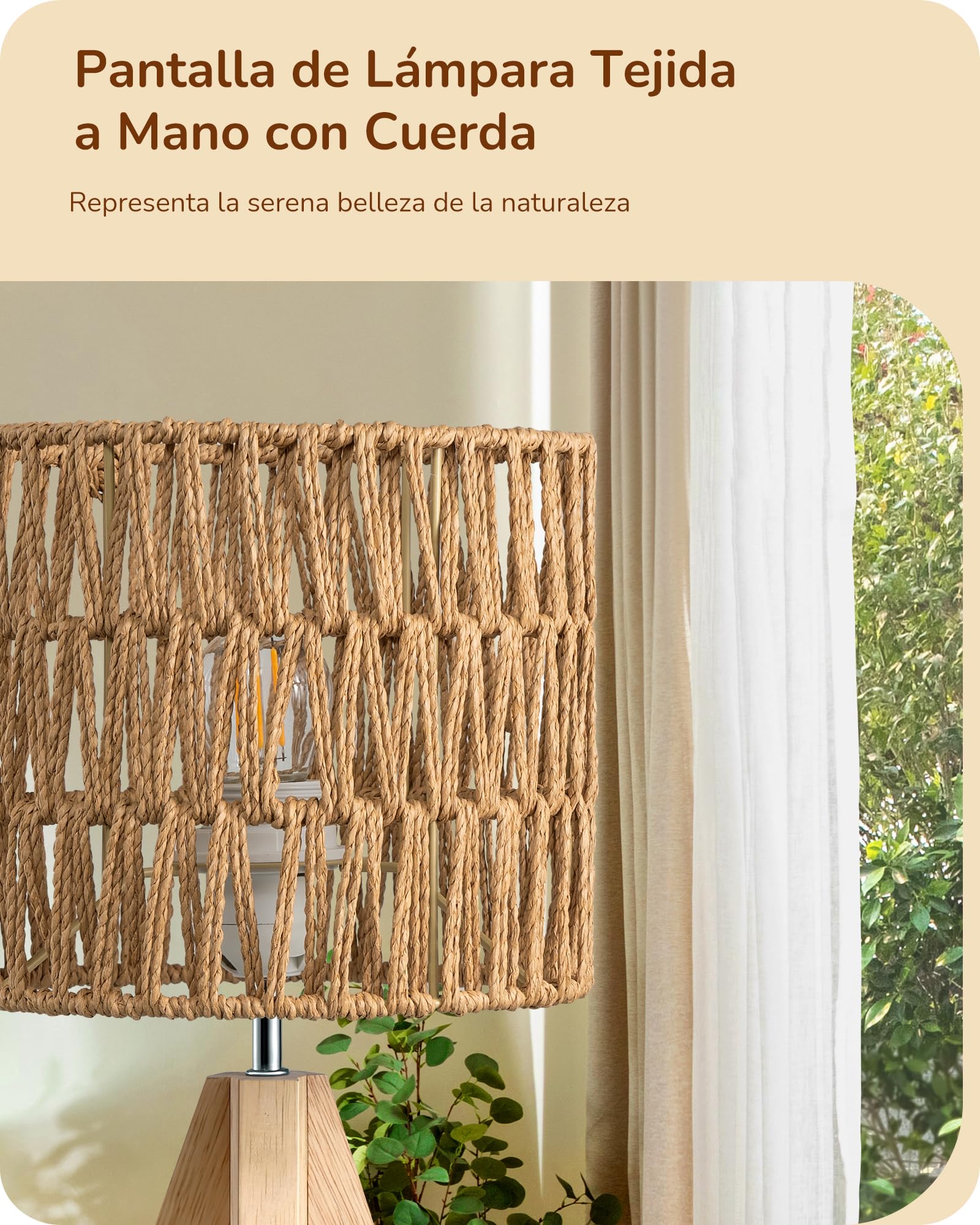 EDISHINE Lámpara de Mesita de Noche, Lámpara de Mesa con Pantalla de Lino Blanco y Base de Madera Natural, Casquillo E27, Bombilla LED de 2700K Incluida, para Sala de Estar, Dormitorio y Oficina