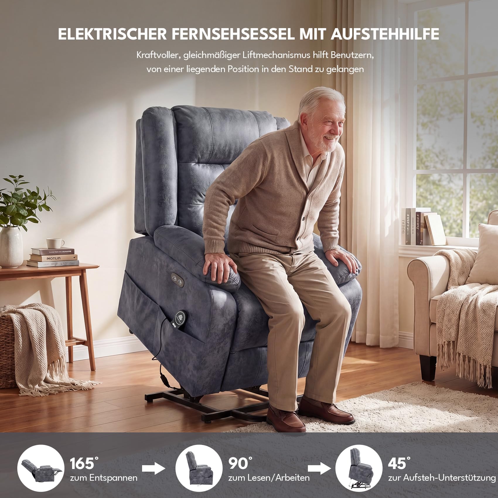 Elektrischer Fernsehsessel mit aufstehhilfe, Relaxsessel Massagesessel mit Wärmefunktion, Liegefunktion, Fernbedienung Verstellbar, Schlaffunktion und Fußteil, bis 220kg,Dunkel Grau Flockleder