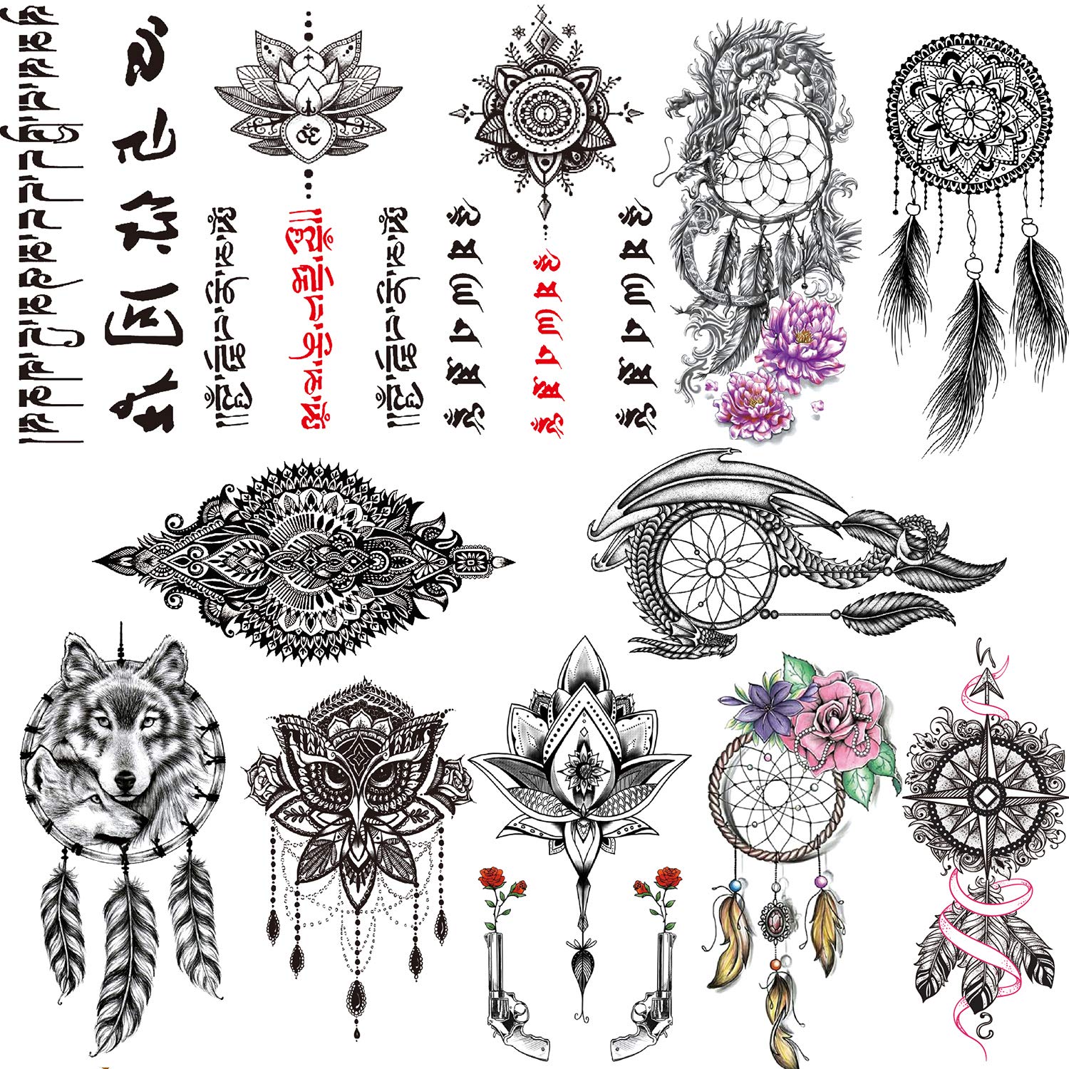 Kotbs 12 Sheets 3D Beautiful Indian Black Henna Temporary Tattoos for Women, Mandala Dream Catcher Sanskrit Flower Wolf Totem Tattoo Stickers for Girls Body Art Arm Waterproof Fake Tattoos