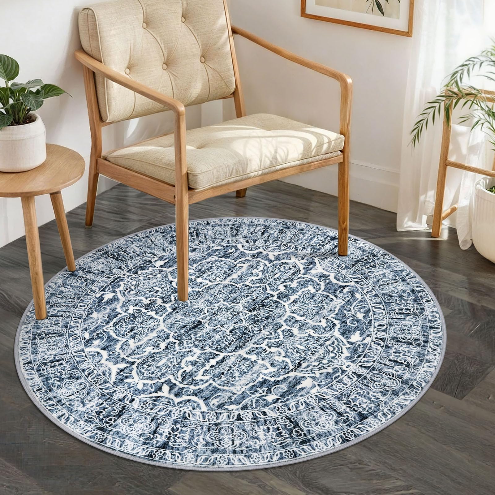 KUTA Vintage Round Rug 3ft, Washable Boho Indoor Circle Small Area Rugs, Blue White Non-Slip Printed Medallion Carpet for Entryway Kitchen Dining Room