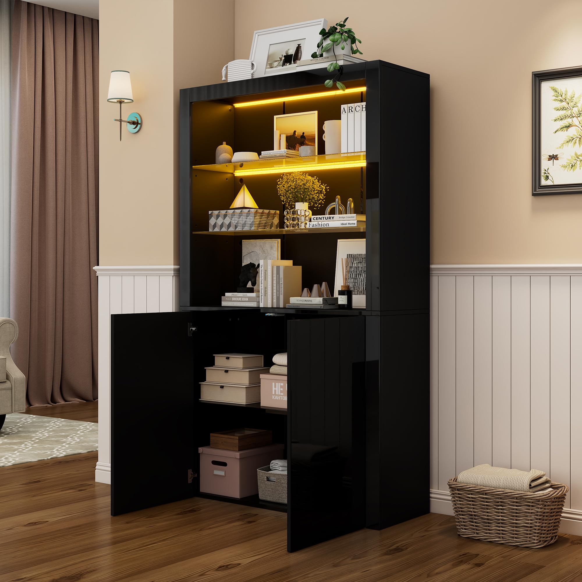BTM 100x35x170cm Schrank,Vitrine Hochglanz Lagerschrank mit LED-Beleuchtung,2 Glasboden,2 Schränke,Highboard, Wohnzimmerschrank, Aufbewahrungsschrank, Hochschrank, Schwarz