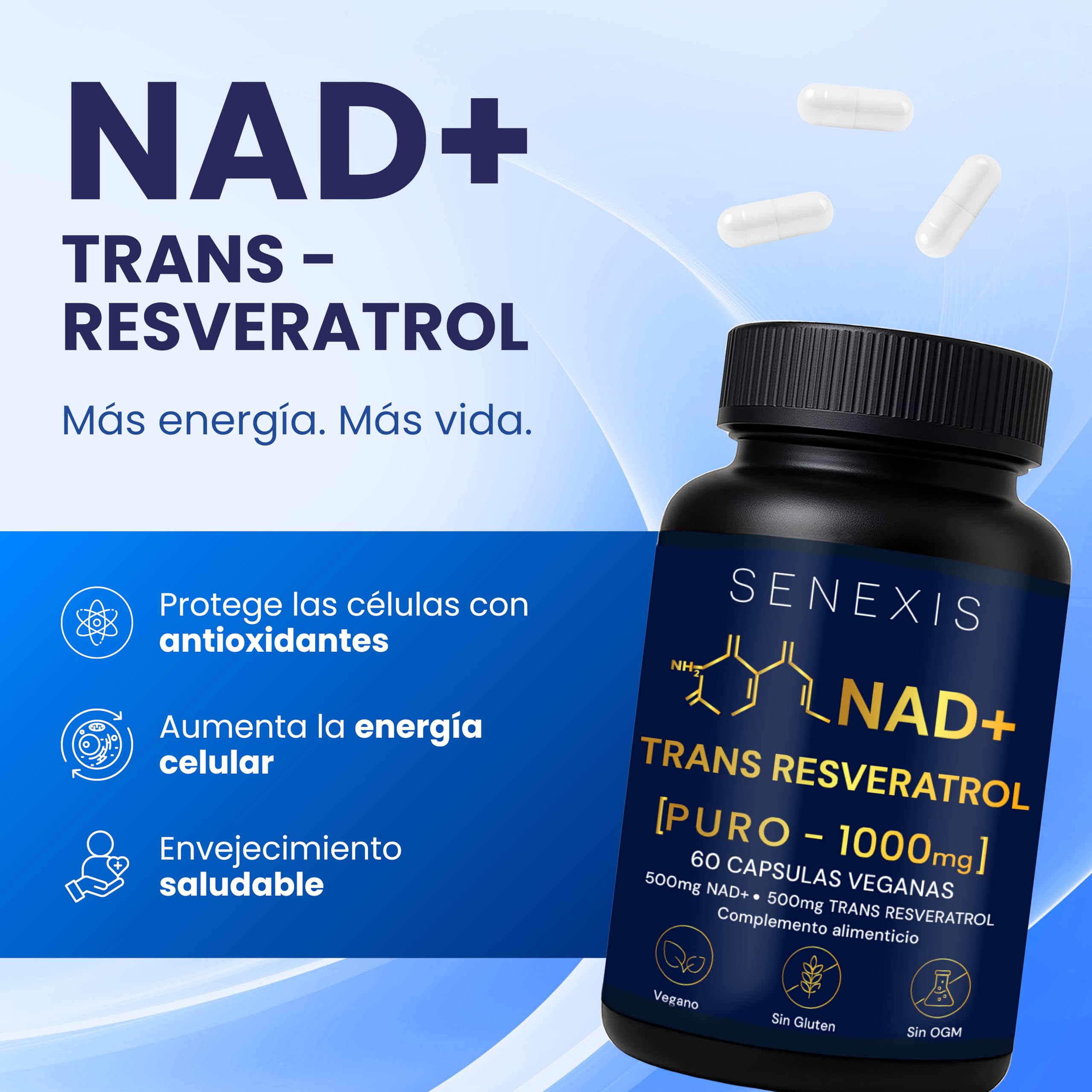Nad Resveratrol Puro 1000mg, 60 Cápsulas veganas, 500mg NAD + 500mg Trans-Resveratrol, Energía Celular, Antioxidante, Sin Gluten, Sin OGM, sin GMO - Apoyo Mitocondrial, Cognición, Antiedad
