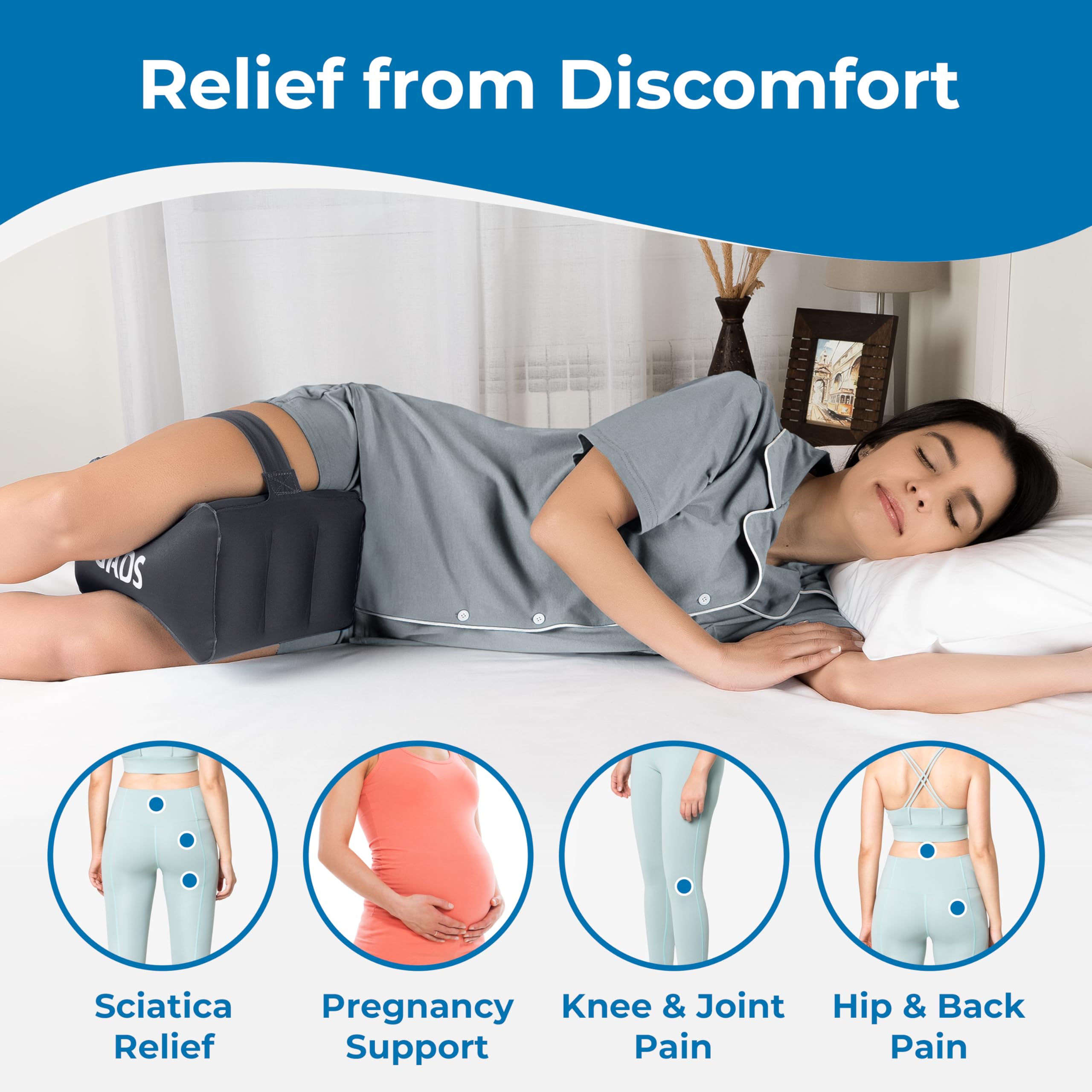 Gads Inflatable Knee Pillow for Side Sleepers - Leg Pillow for Side Sleeping - Hip, Back and Sciatica Pain Relief Pillow - Lightweight & Portable for Travel - Black.