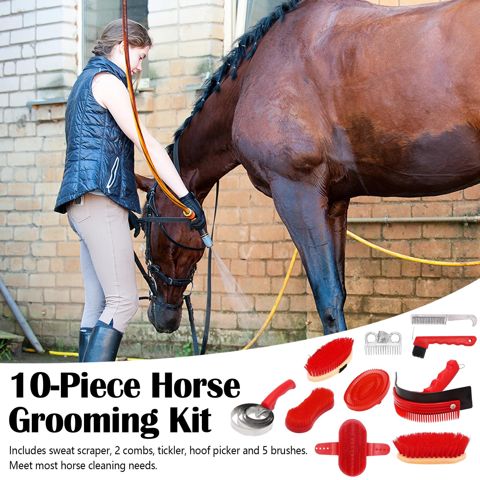 Cepillos Para Caballos, 10PCS Juego De Cuidado De Caballos Juego De Cuidado De Cepillos Kit De Cuidado De Caballos Limpieza De Caballos Cepillo Ecuestre Accesorios Con Bolsa De Almacenamiento