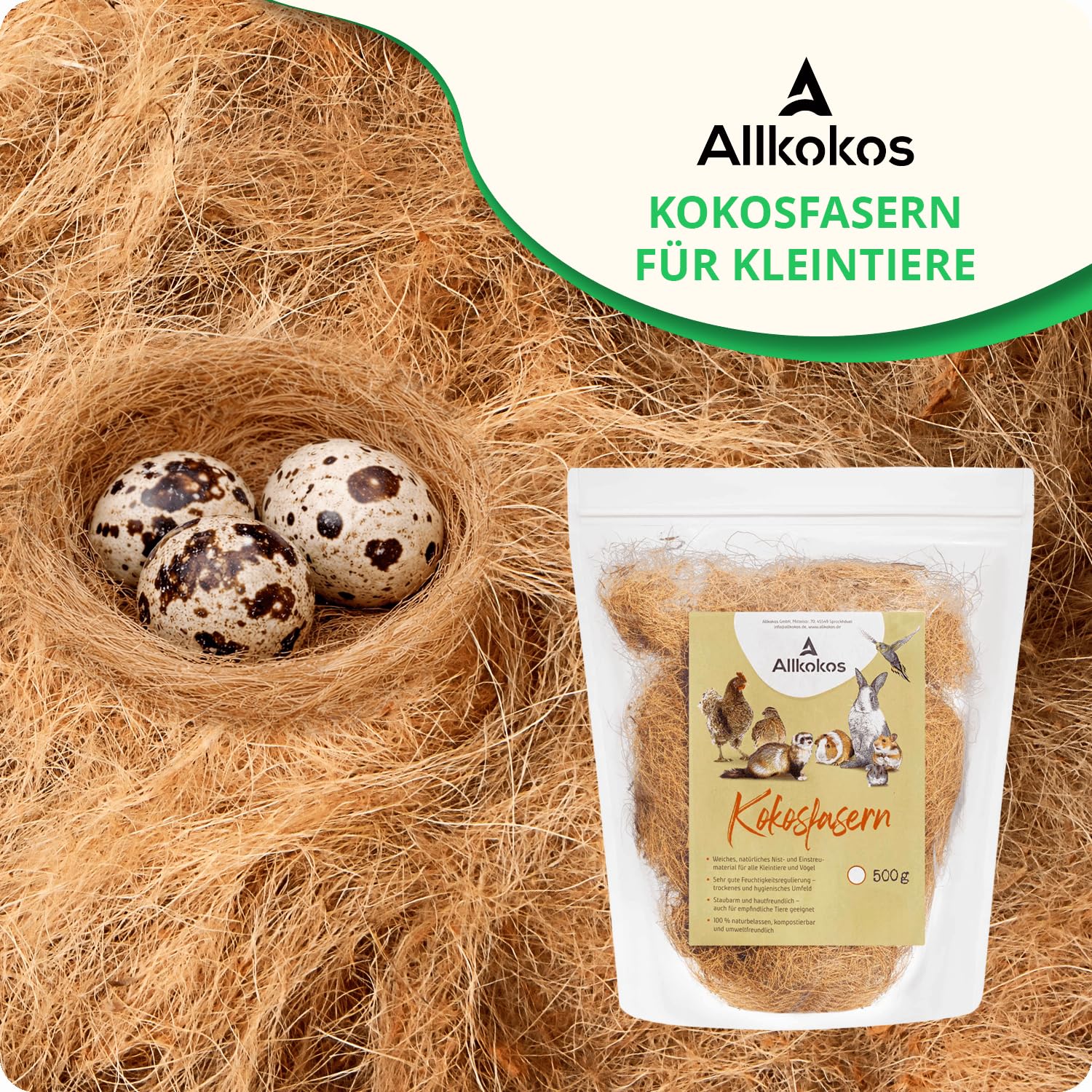 10x500g Kokosfasern als Nistmaterial für Vögel & Kleintiere | 100% natürliche Kokosfaser zum Nestbauen, für Tunnel- und Gangbau – staubarm, weich und vielseitig einsetzbar