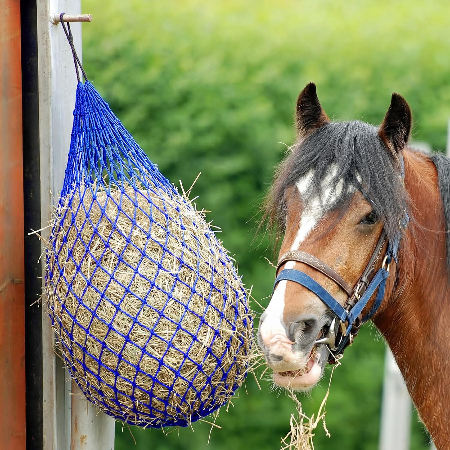 Windyun 4 Pcs Deluxe Ultra Slow Hay Feeder Nets, 42" Length with 1" Feeding Holes, Horse Supplies Heavy-Duty Top Loading Black Horse Hay Bag for Goats Sheep Livestock Barn Farm Feeding Tack(Blue)