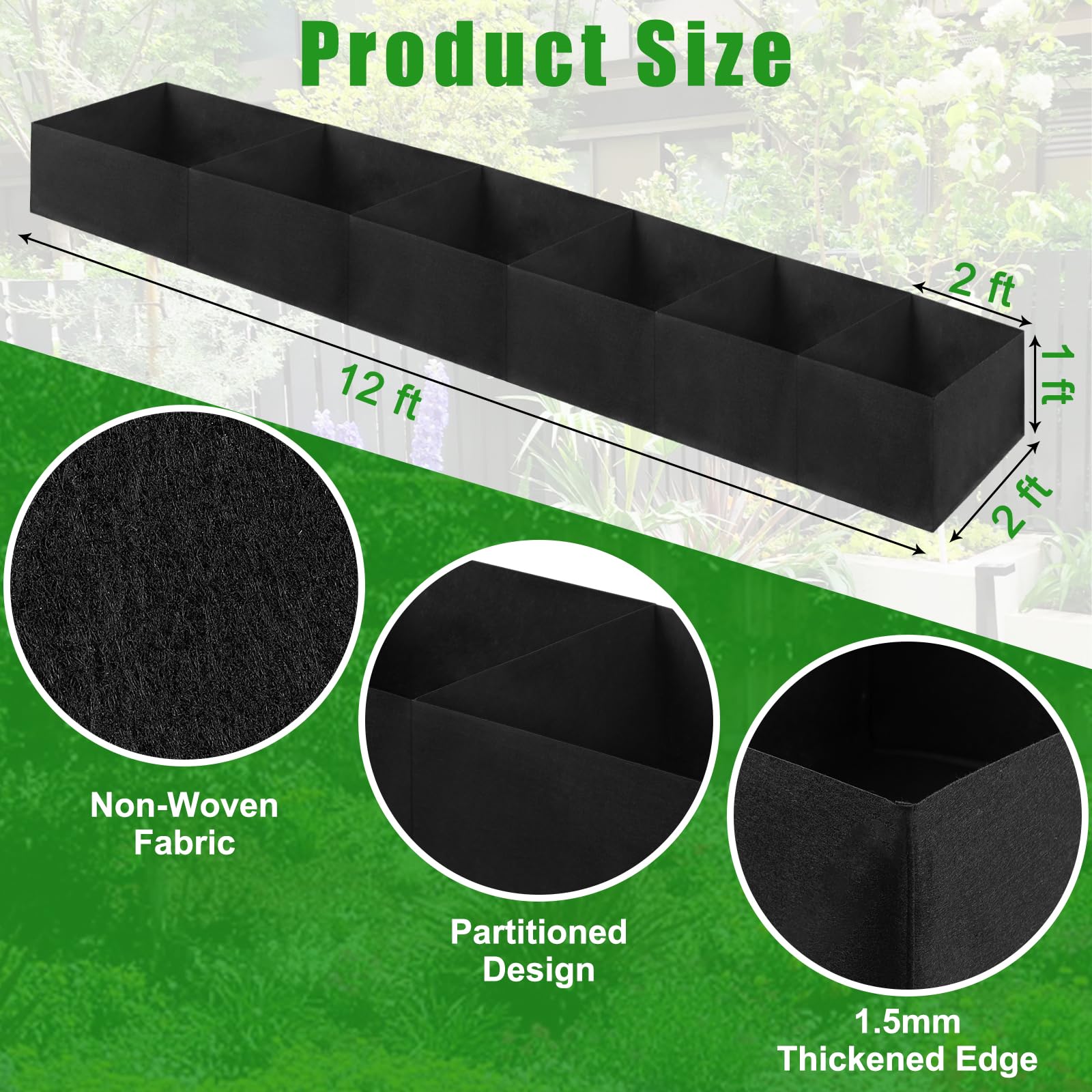 VZZNN Lot de 2 parterres de jardin surélevés en tissu non tissé de 3,7 x 0,6 x 0,3 m – 6 grilles pour cultiver des herbes, des fleurs et des légumes