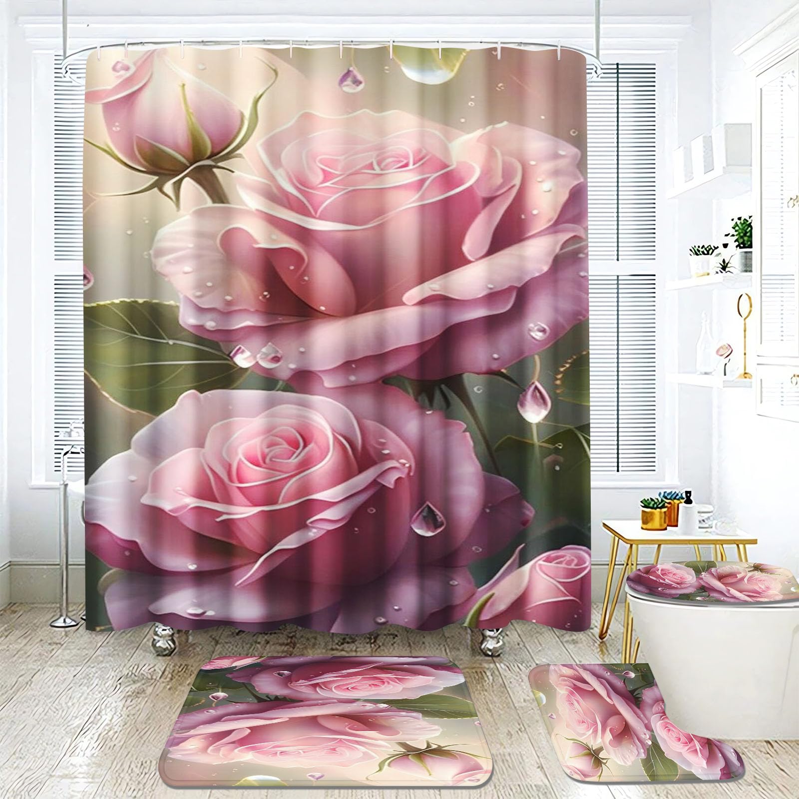 Fadaing Rose Shower Curtain 180 x 200 cm 180 x 180 cm Flower Shower Curtains Waterproof Polyester Blooming Roses Shower Curtain Bathroom Mat 4-Piece Set (200 x 200 cm, 7)
