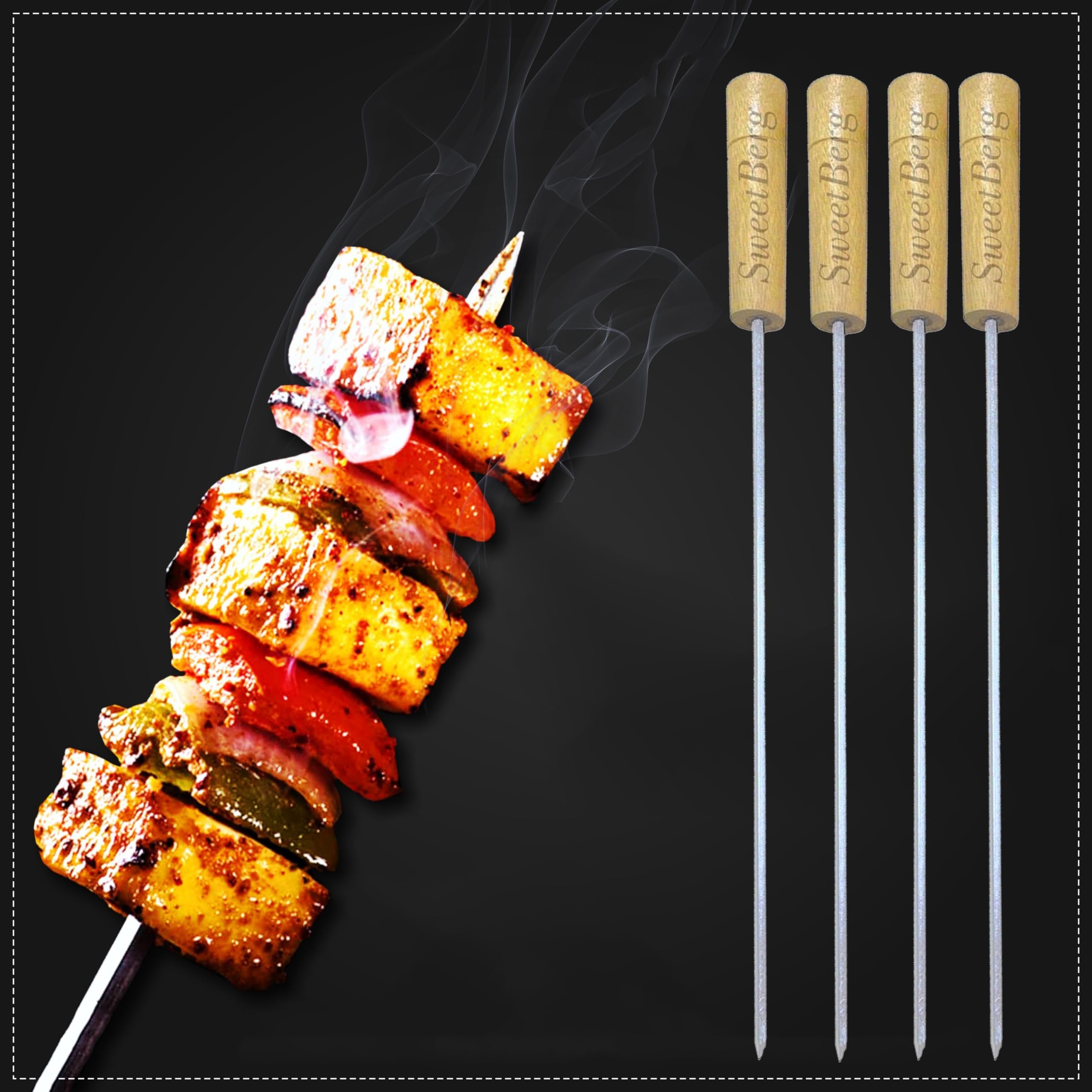 SWEETBERG 14.5 inch Stainless Steel Skewers for Barbecue,Steel Stainless Iron Rod Stick for Grilling Tandoori Chicken Seekh Kebab Panner Tikka BBQ Grill Steel Skewer Set Tandoor Wood Handle (04) (B09F8TQS7B) Amazon Price History, Amazon Price Tracker
