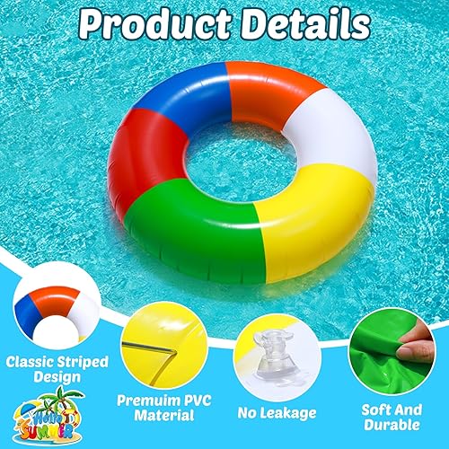 Miniatura 3 de 4 unidades de flotadores inflables de natación de 35 pulgadas, anillos de natación a rayas de arco iris, flotadores de playa, piscina, anillos de
