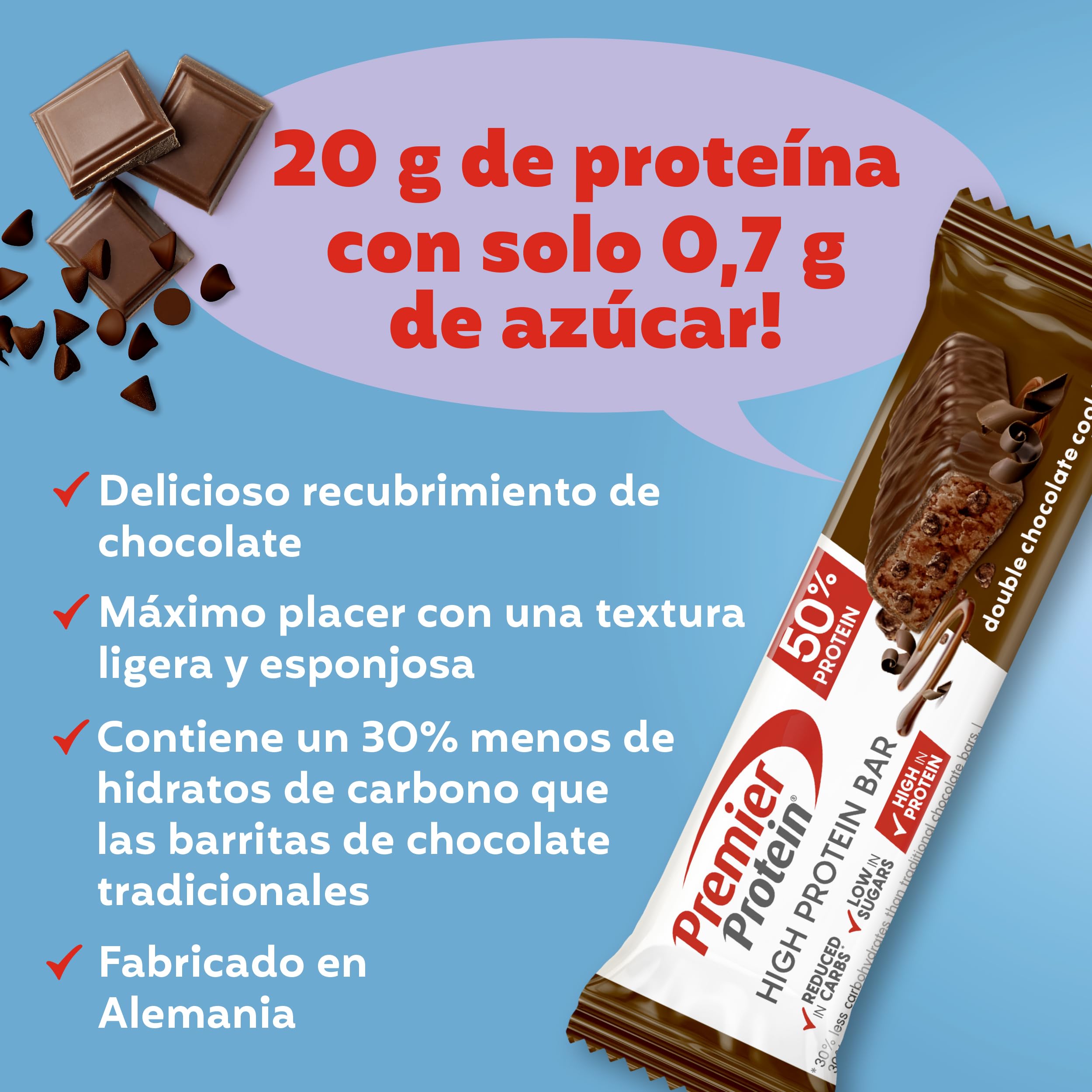 Premier Protein - High Protein Bar 50% - Double Chocolate Cookie - 16x40g - bajo en azúcar – baja en carbohidratos – sin aceite de palma