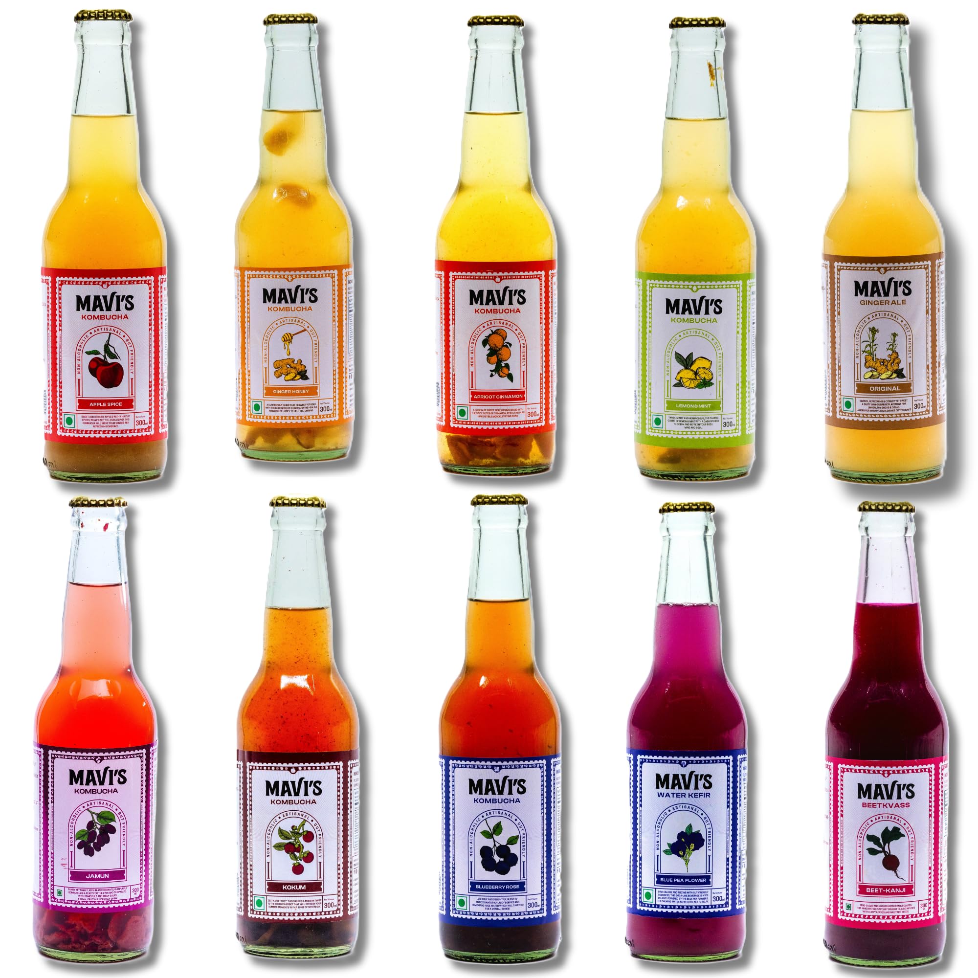 MAVI’s Assorted Pack of 10 Fermented Beverages | Kombucha, Water Kefir, Beet Kvass & Ginger Ale | Natural Probiotic Drinks for Gut Health | Refreshing 300 ml Bottles (Pack of 10)