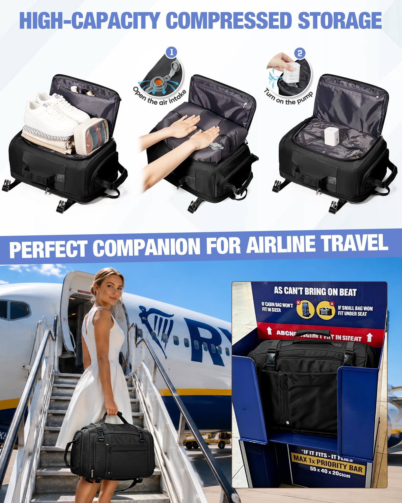 SZLX Plecak Próżniowy Bagaż Podręczny Dla Kobiet, Plecak Z Poduszką i Systemem Próżniowym Do Podróży, Plecak Podróżny Ryanair W Rozmiarze Kabinowym Z Pompką, Wodoodporna Walizka Próżniowa Dla Mężczyzn