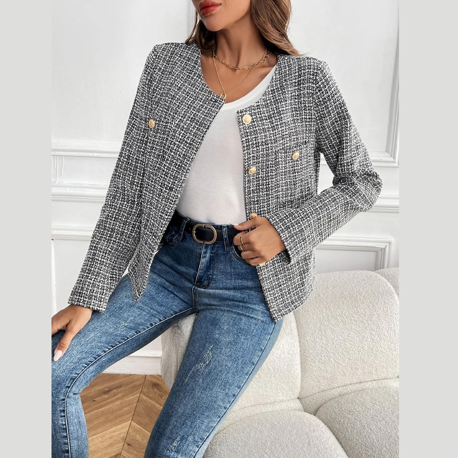 Veste blazer en tweed pour femme – Manches longues, grand col rond, manteau business décontracté, chic et confortable pour toutes les occasions