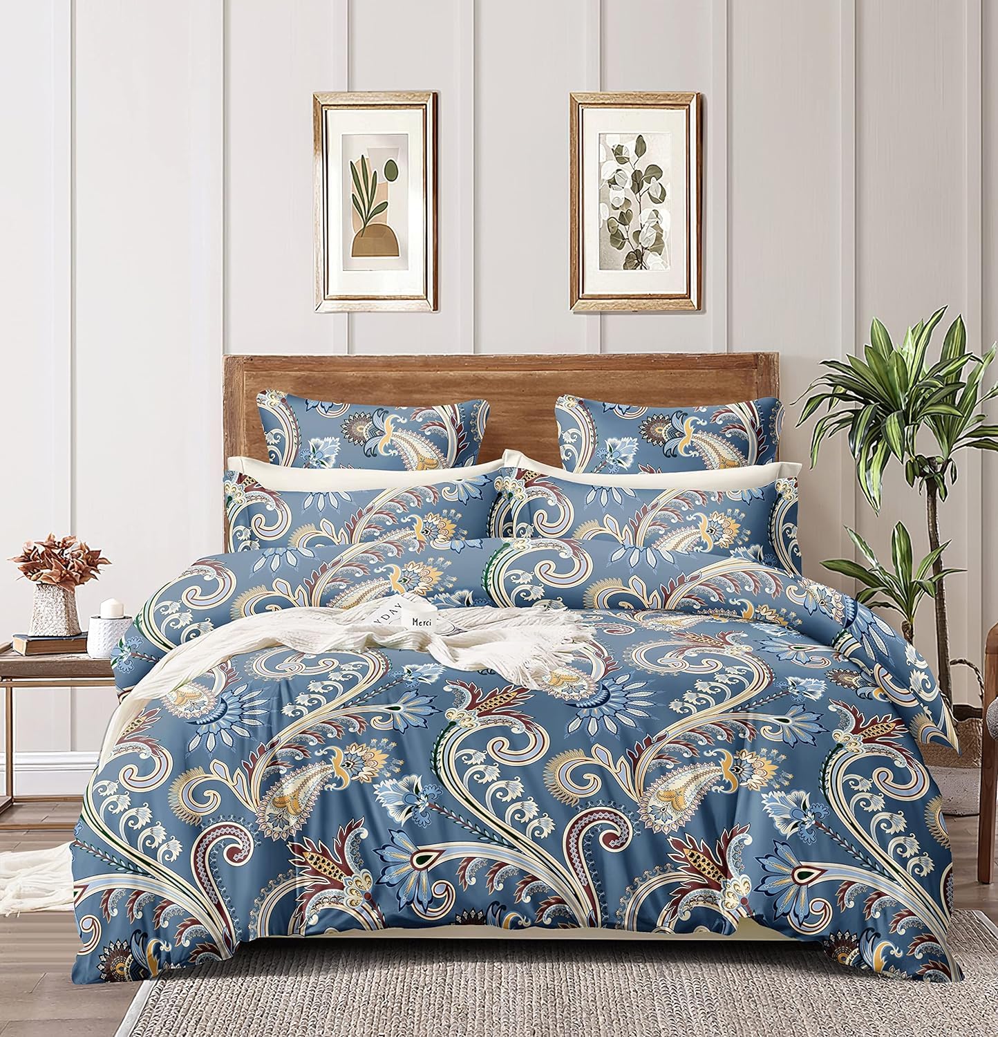 THE HOME STYLE 350 TC Supersoft Glace Cotton Elastic Fitted All Around King Size Printed Double Bedsheet with 2 Pillow Cover & Comforter/Duvet/Blanket (72"x78" + Comforter,Ashberry Abstract)