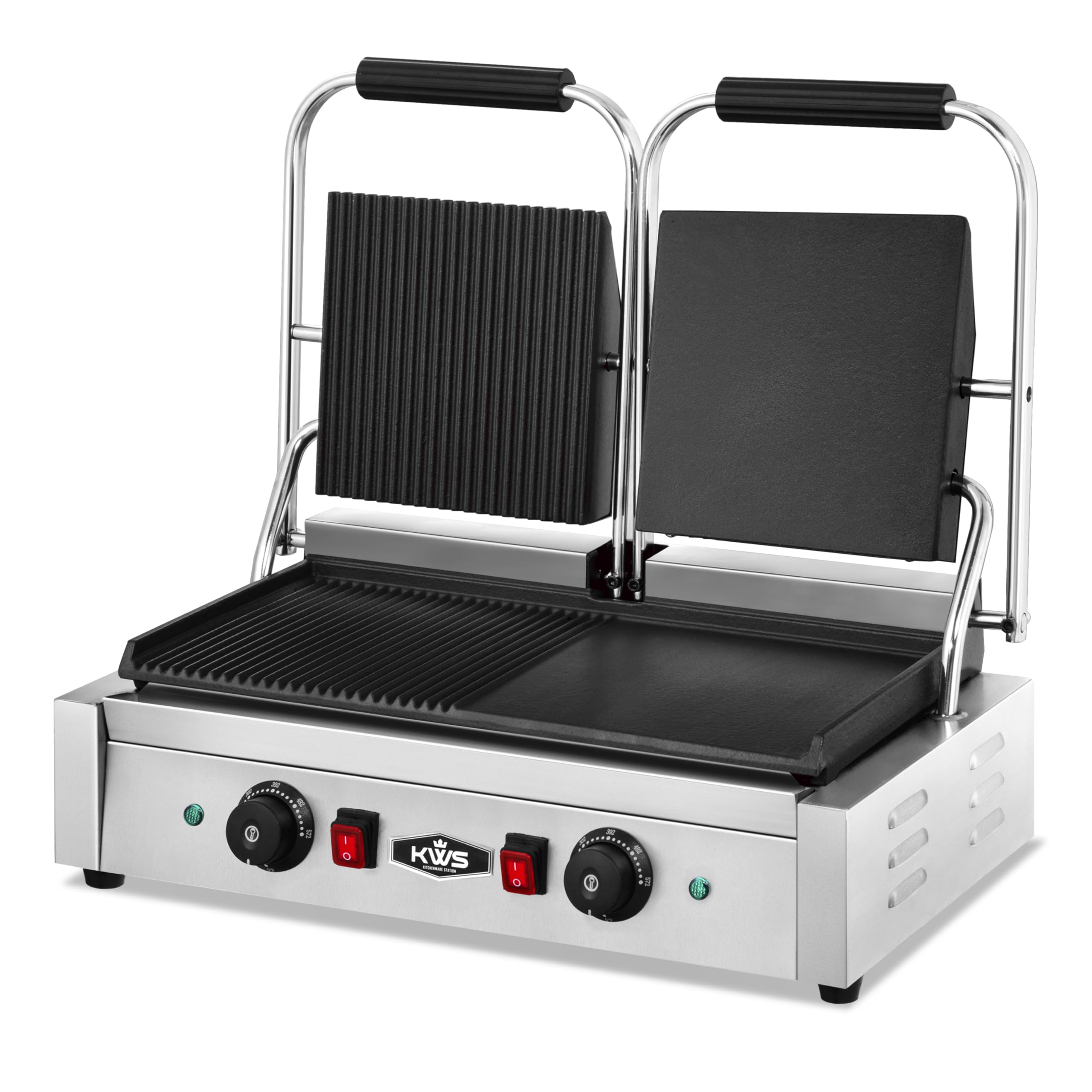 KWS CPM-23 - Prensa eléctrica Panini de 3400 W con parrilla para tostar sándwich doble con ranura izquierda y derecha - Superficie de cocción de 19 x 9 pulgadas