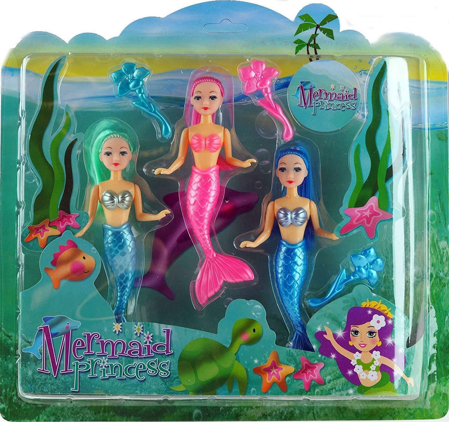 Unibos | 3 Colourful Mermaid Princess Dolls Set With Accessories | 10 cm Tall | Perfect Bath Toys & Swimming Companion | For Children Ages 3 Years & Up (Multicolour)